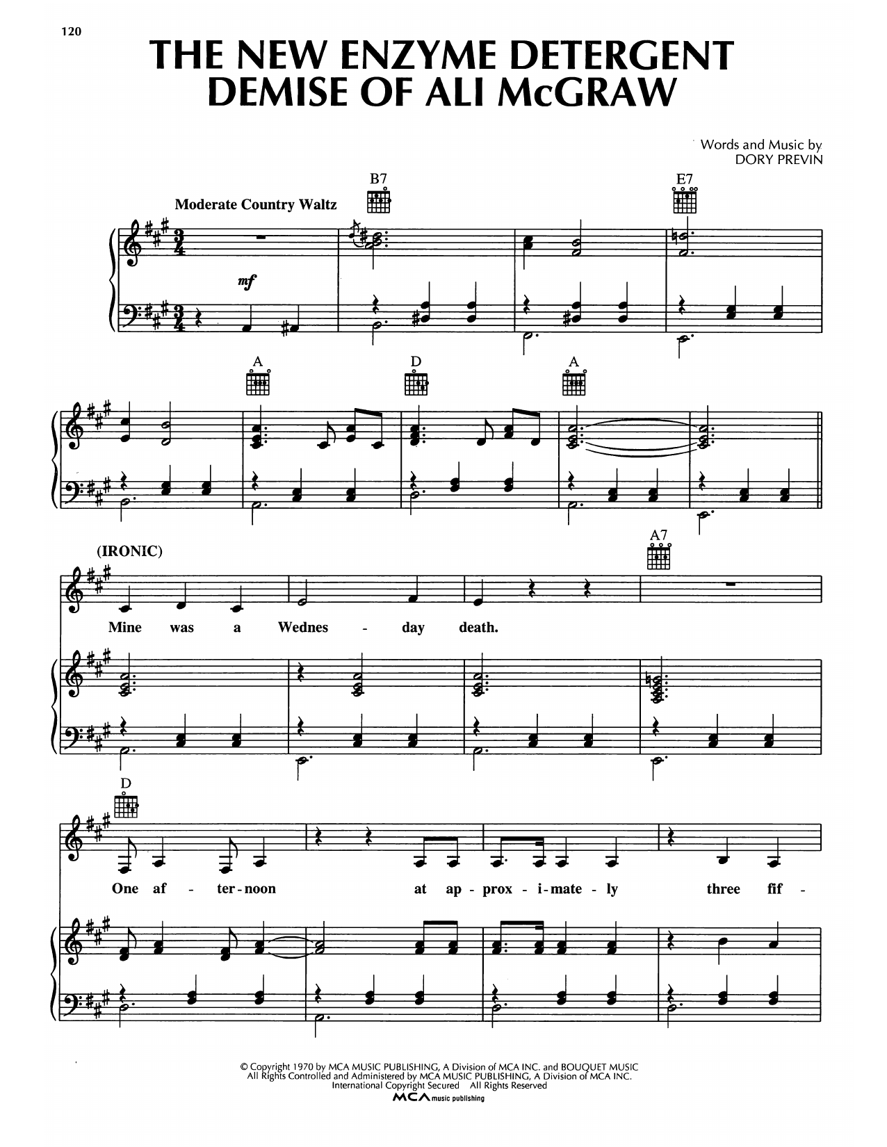Dory Previn The New Enzyme Detergent Demise Of Ali McGraw Sheet Music Notes & Chords for Piano, Vocal & Guitar Chords (Right-Hand Melody) - Download or Print PDF