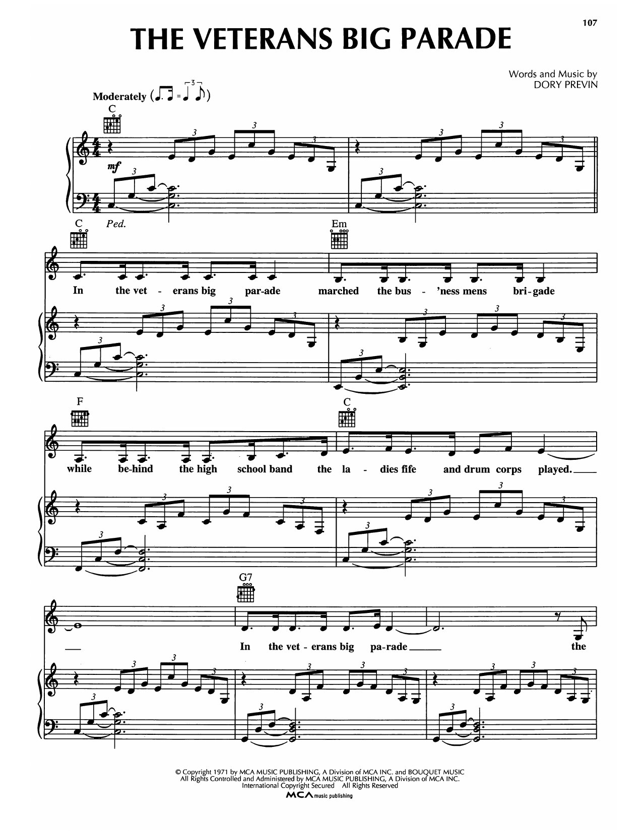 Dory Previn The Veterans Big Parade Sheet Music Notes & Chords for Piano, Vocal & Guitar Chords (Right-Hand Melody) - Download or Print PDF