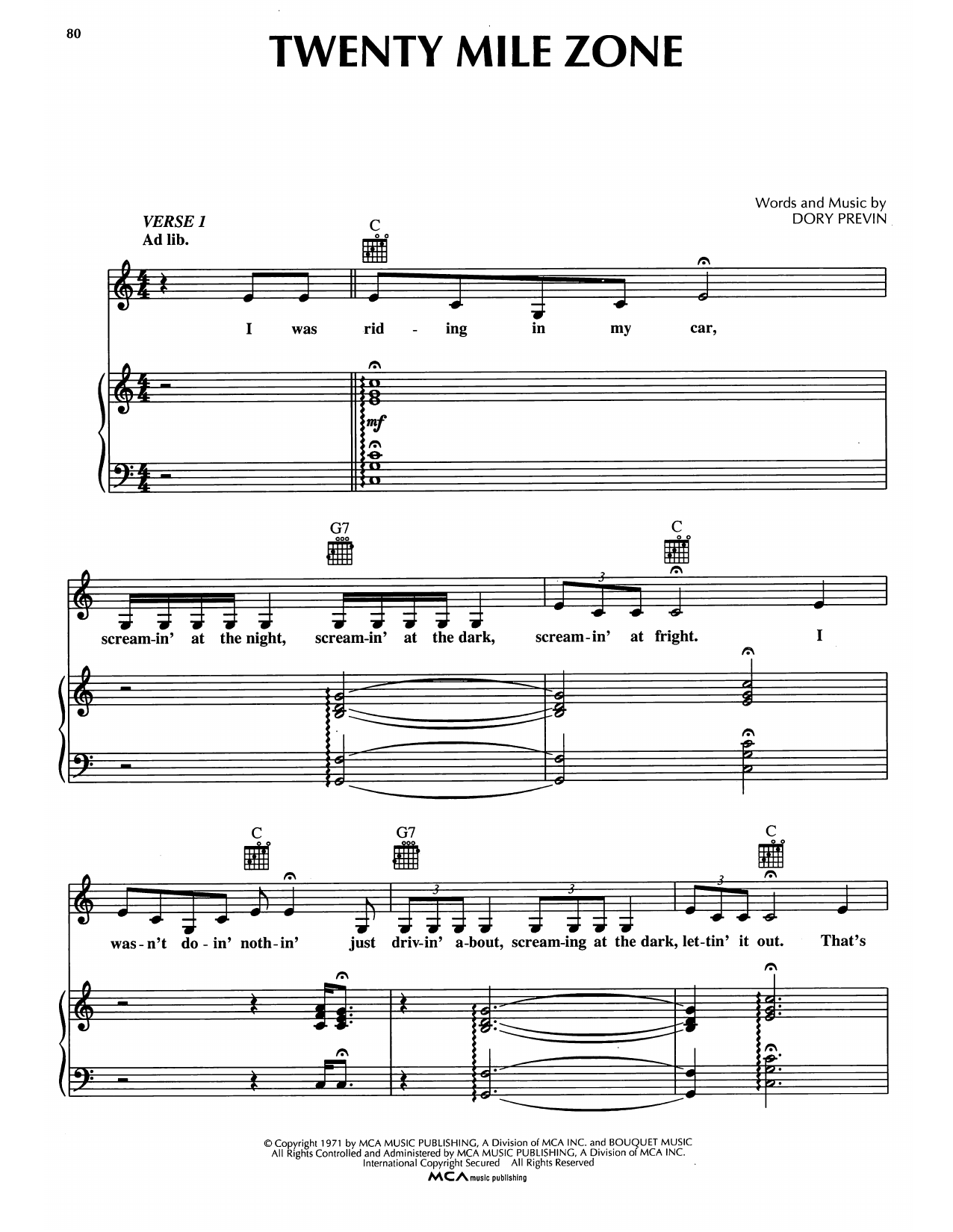 Dory Previn Twenty Mile Zone Sheet Music Notes & Chords for Piano, Vocal & Guitar Chords (Right-Hand Melody) - Download or Print PDF