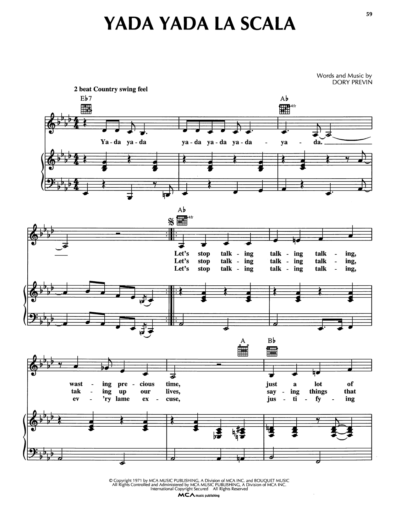 Dory Previn Yada Yada La Scala Sheet Music Notes & Chords for Piano, Vocal & Guitar Chords (Right-Hand Melody) - Download or Print PDF