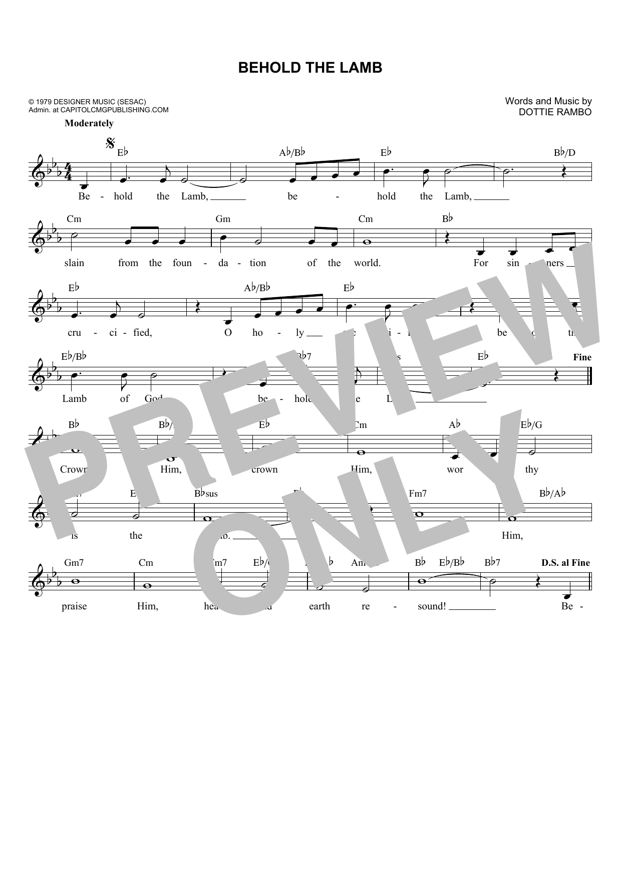 Dottie Rambo Behold The Lamb Sheet Music Notes & Chords for Melody Line, Lyrics & Chords - Download or Print PDF