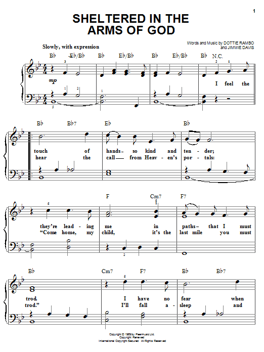 Dottie Rambo Sheltered In The Arms Of God Sheet Music Notes & Chords for Piano (Big Notes) - Download or Print PDF