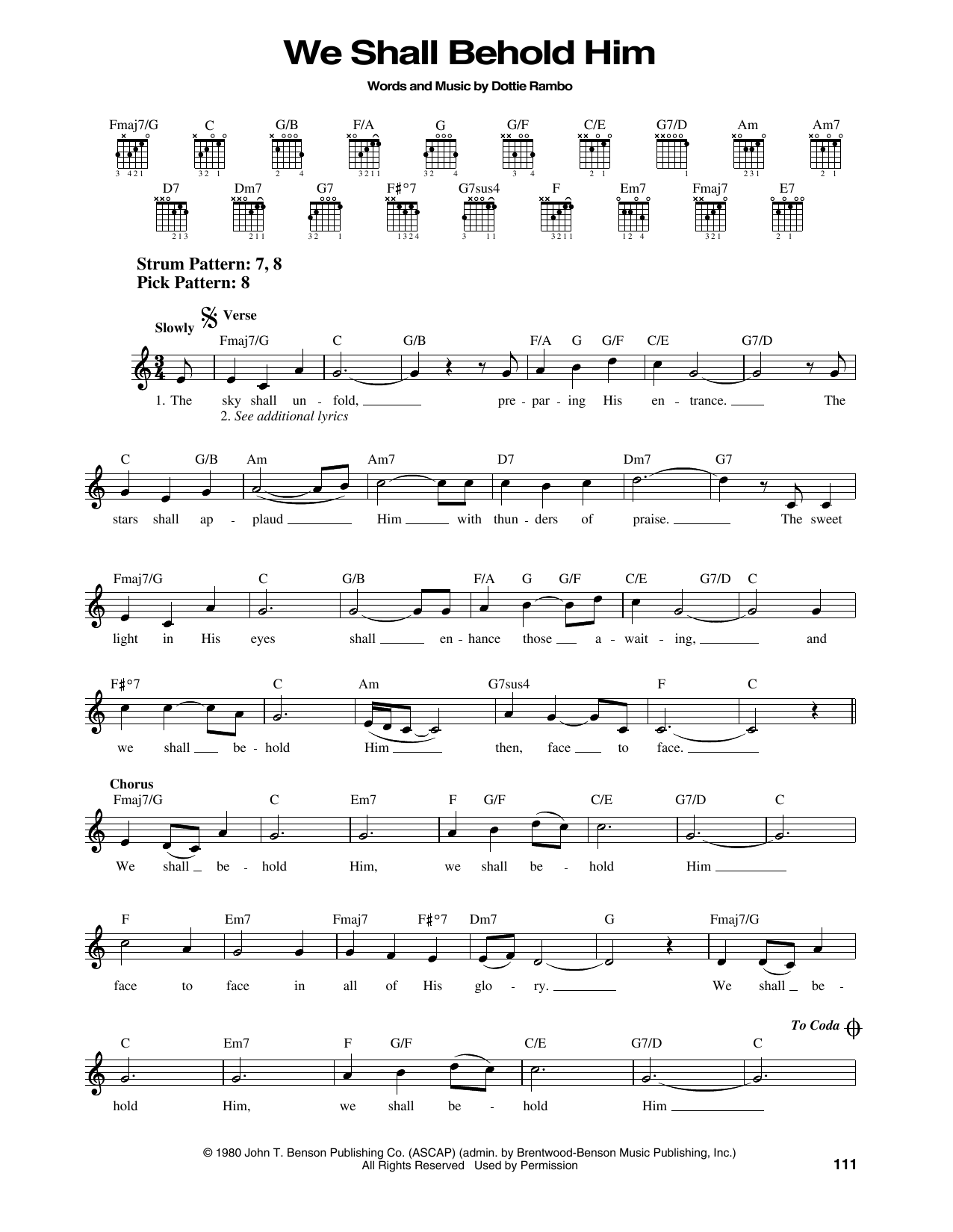 Dottie Rambo We Shall Behold Him Sheet Music Notes & Chords for Easy Guitar - Download or Print PDF