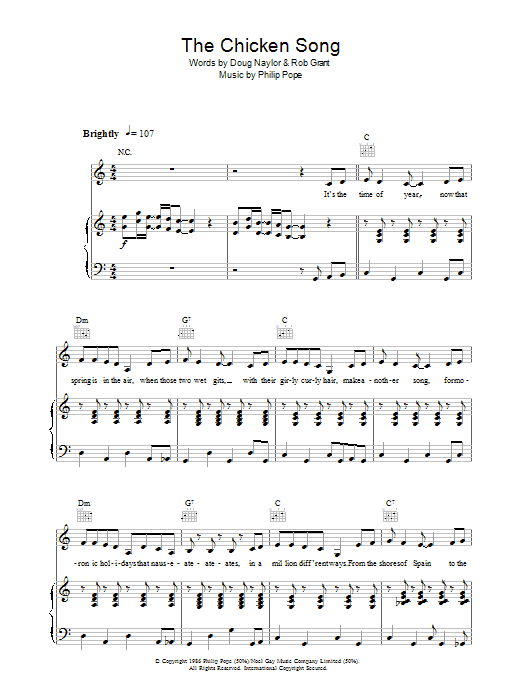 Preview Doug Naylor The Chicken Song (from Spitting Image) Children sheet music, notes and chords for Piano, Vocal & Guitar, SKU: 37073 The Chicken Song (from Spitting Image) sheet music
