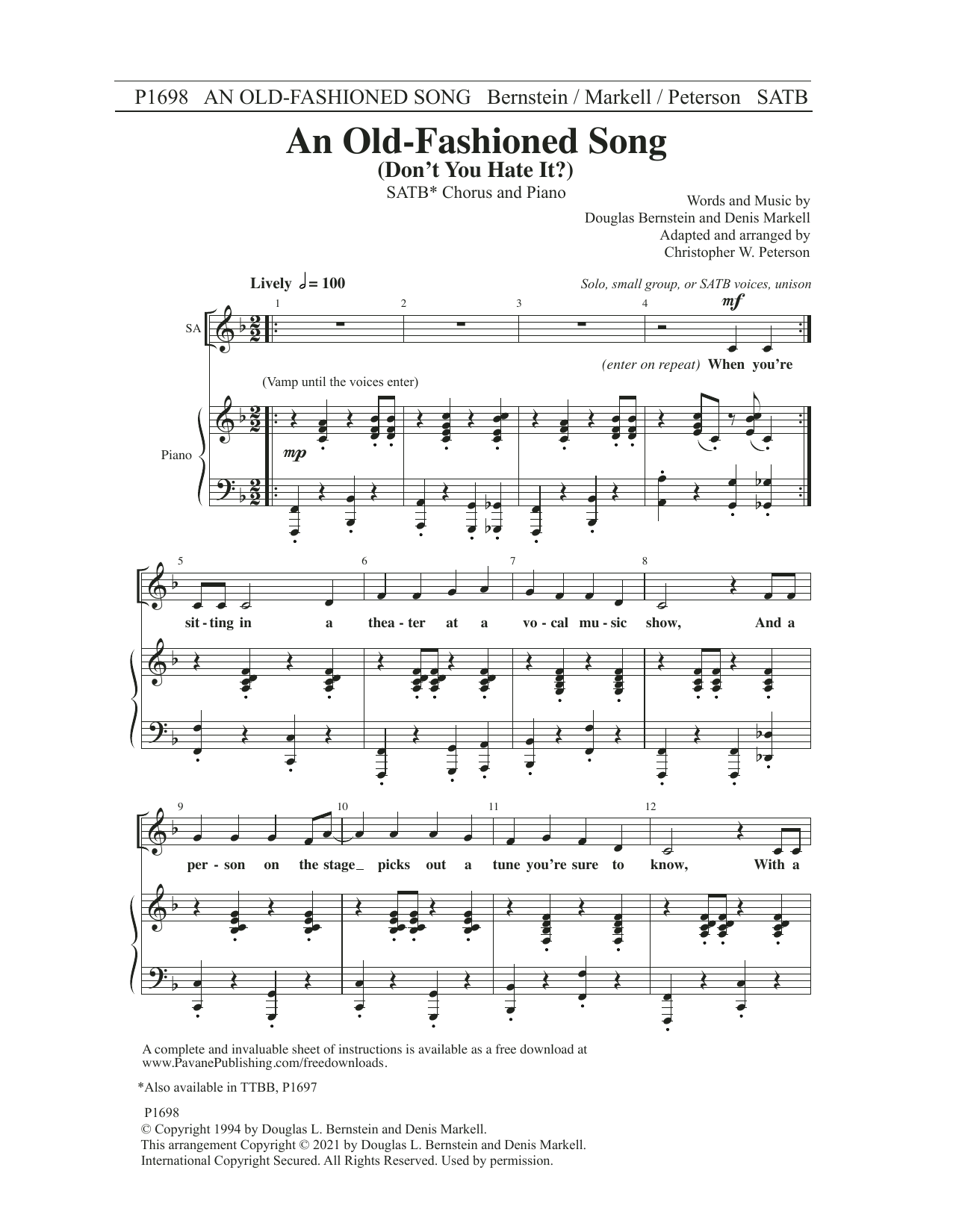 Douglas Bernstein and Denis Markell An Old-Fashioned Song (Don't You Hate It?) (arr. Christopher Peterson) Sheet Music Notes & Chords for SATB Choir - Download or Print PDF