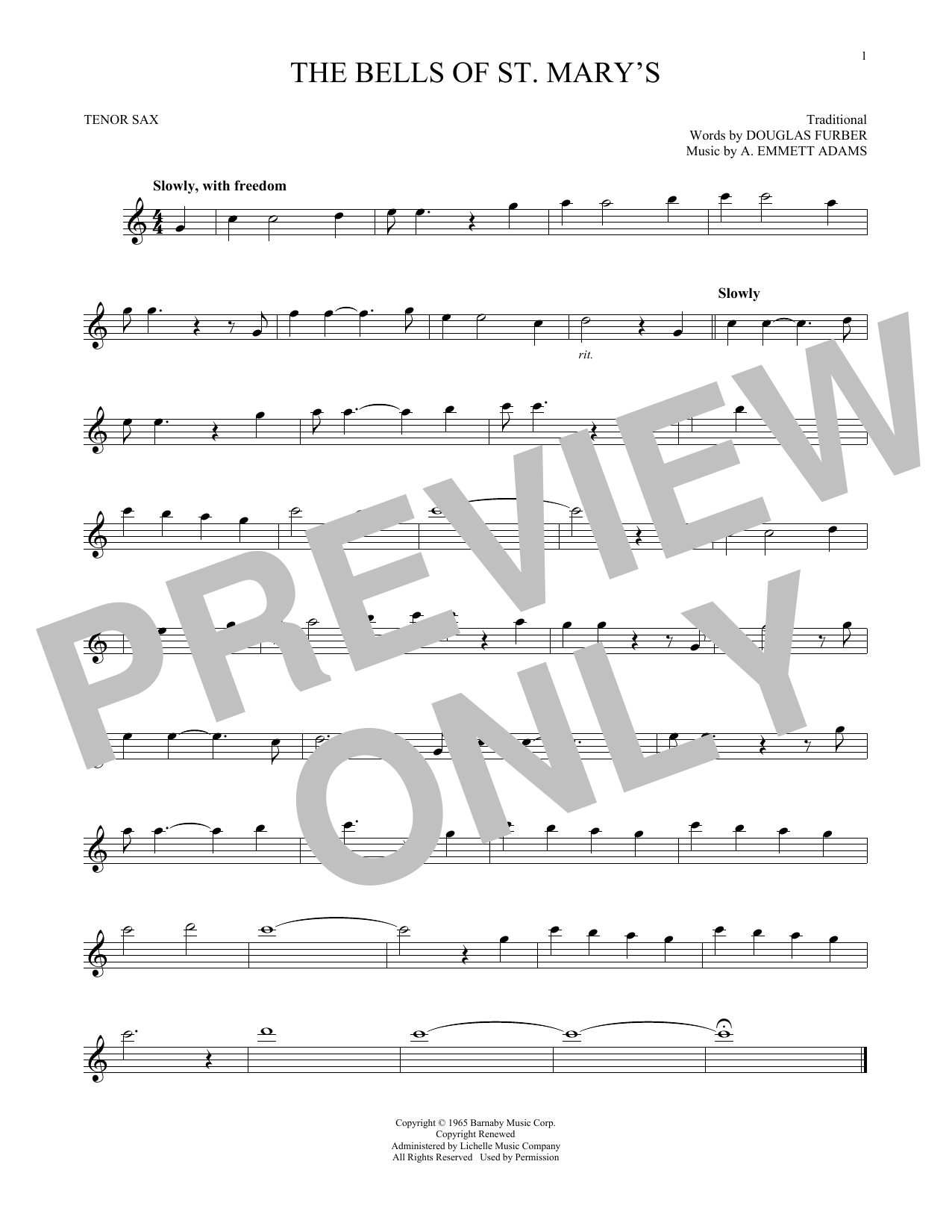 Douglas Furber The Bells Of St. Mary's Sheet Music Notes & Chords for Tenor Sax Solo - Download or Print PDF