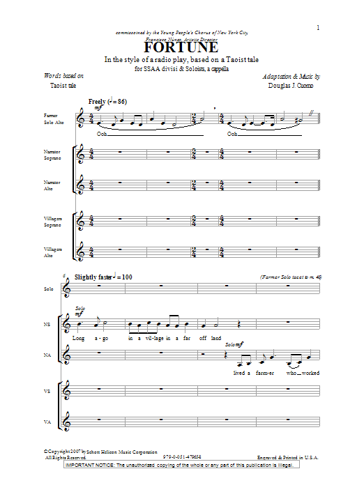 Douglas J. Cuomo Fortune Sheet Music Notes & Chords for SSA - Download or Print PDF