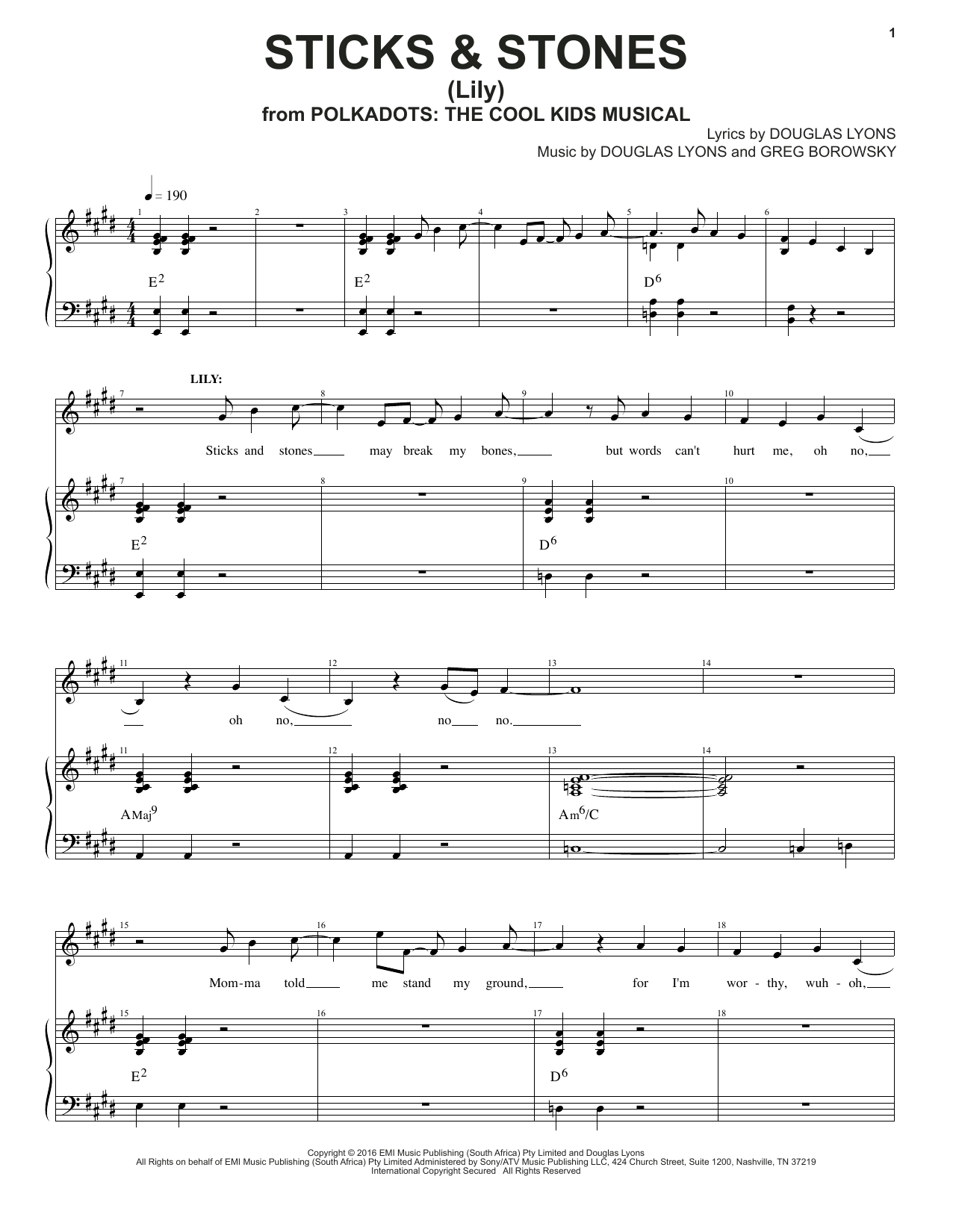 Douglas Lyons & Greg Borowsky Sticks & Stones Sheet Music Notes & Chords for Piano & Vocal - Download or Print PDF