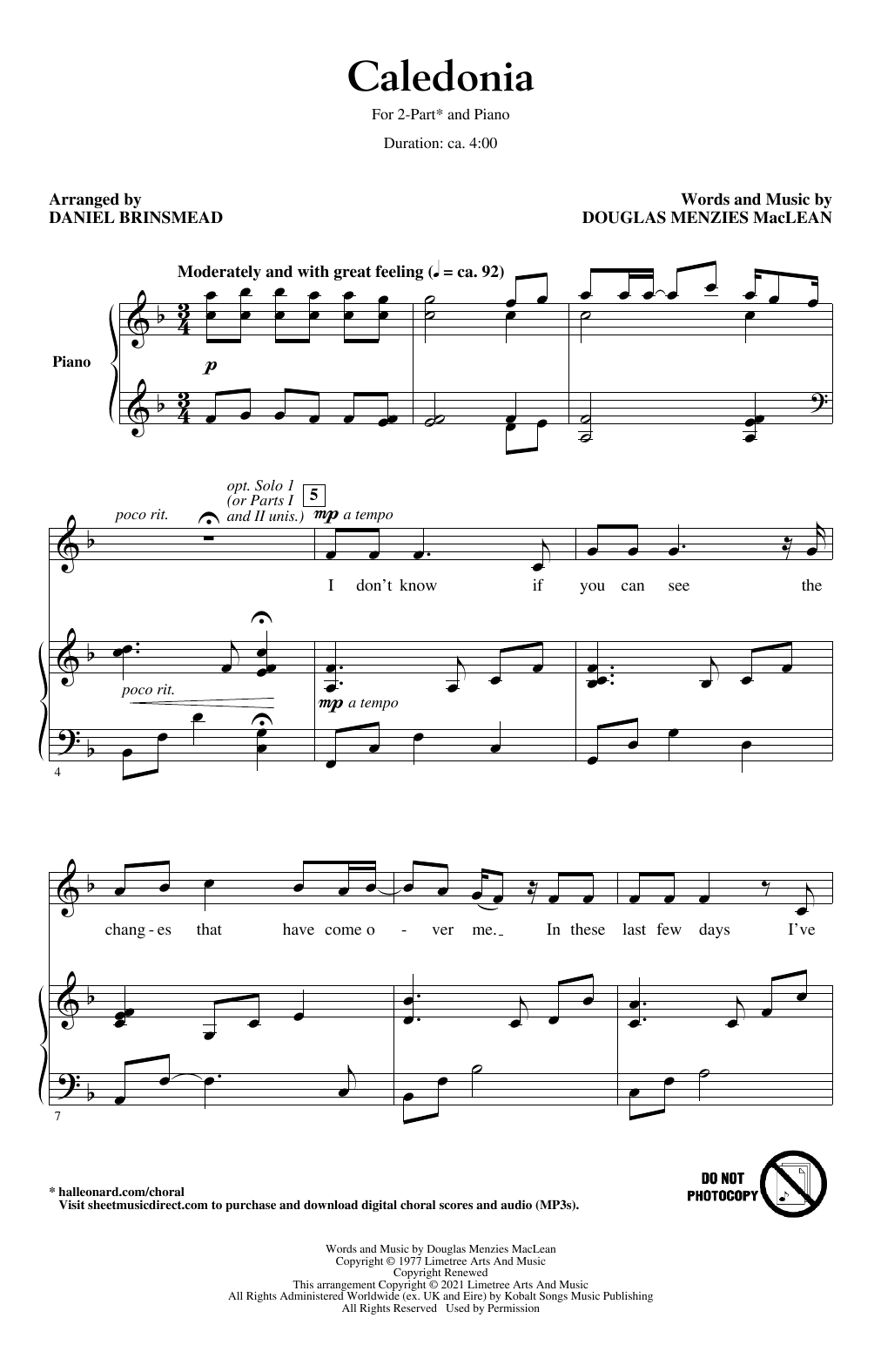 Douglas Menzies MacLean Caledonia (arr. Daniel Brinsmead) Sheet Music Notes & Chords for 2-Part Choir - Download or Print PDF