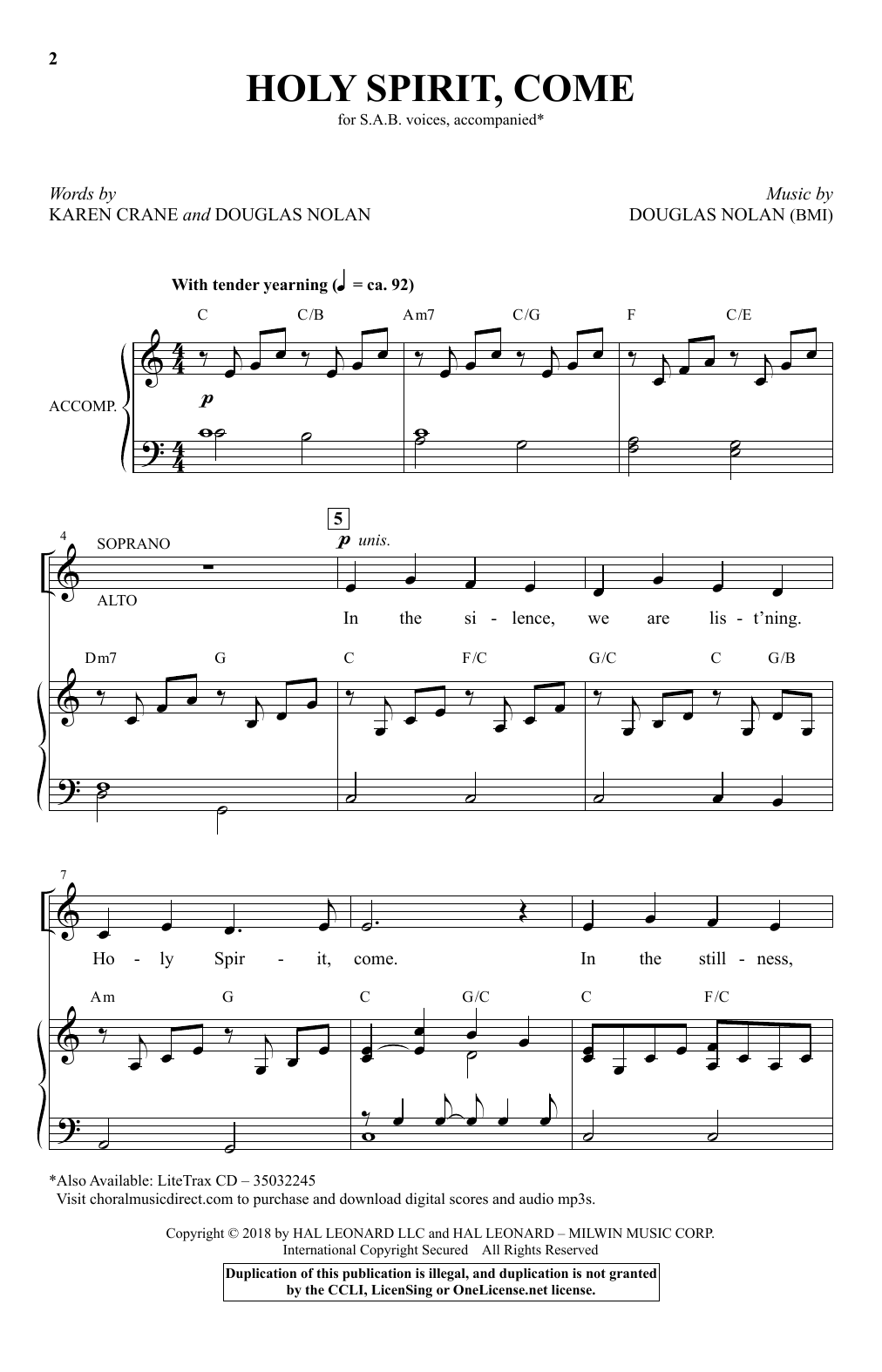 Douglas Nolan Holy Spirit, Come Sheet Music Notes & Chords for SAB Choir - Download or Print PDF