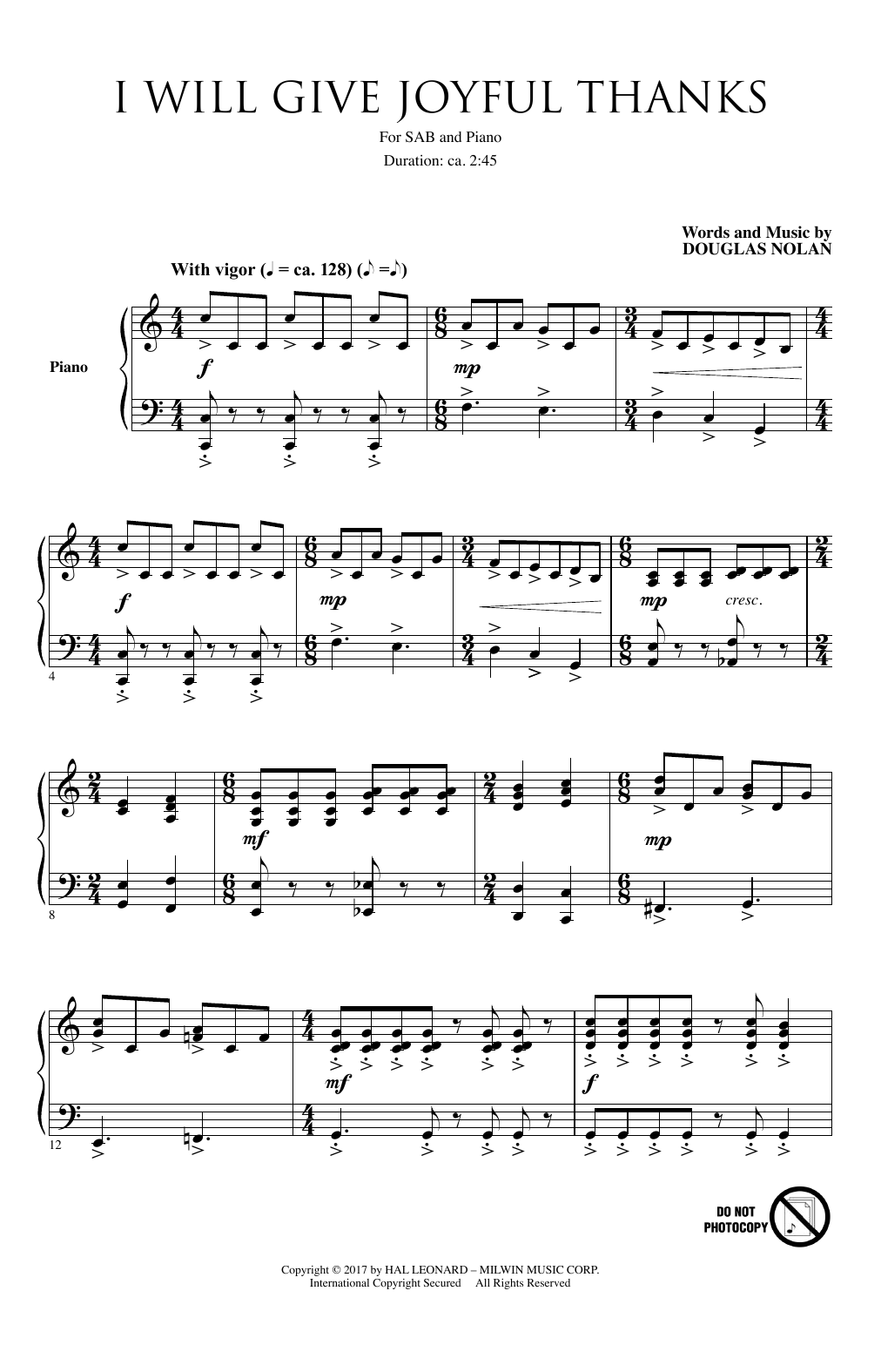 Douglas Nolan I Will Give Joyful Thanks Sheet Music Notes & Chords for SAB - Download or Print PDF