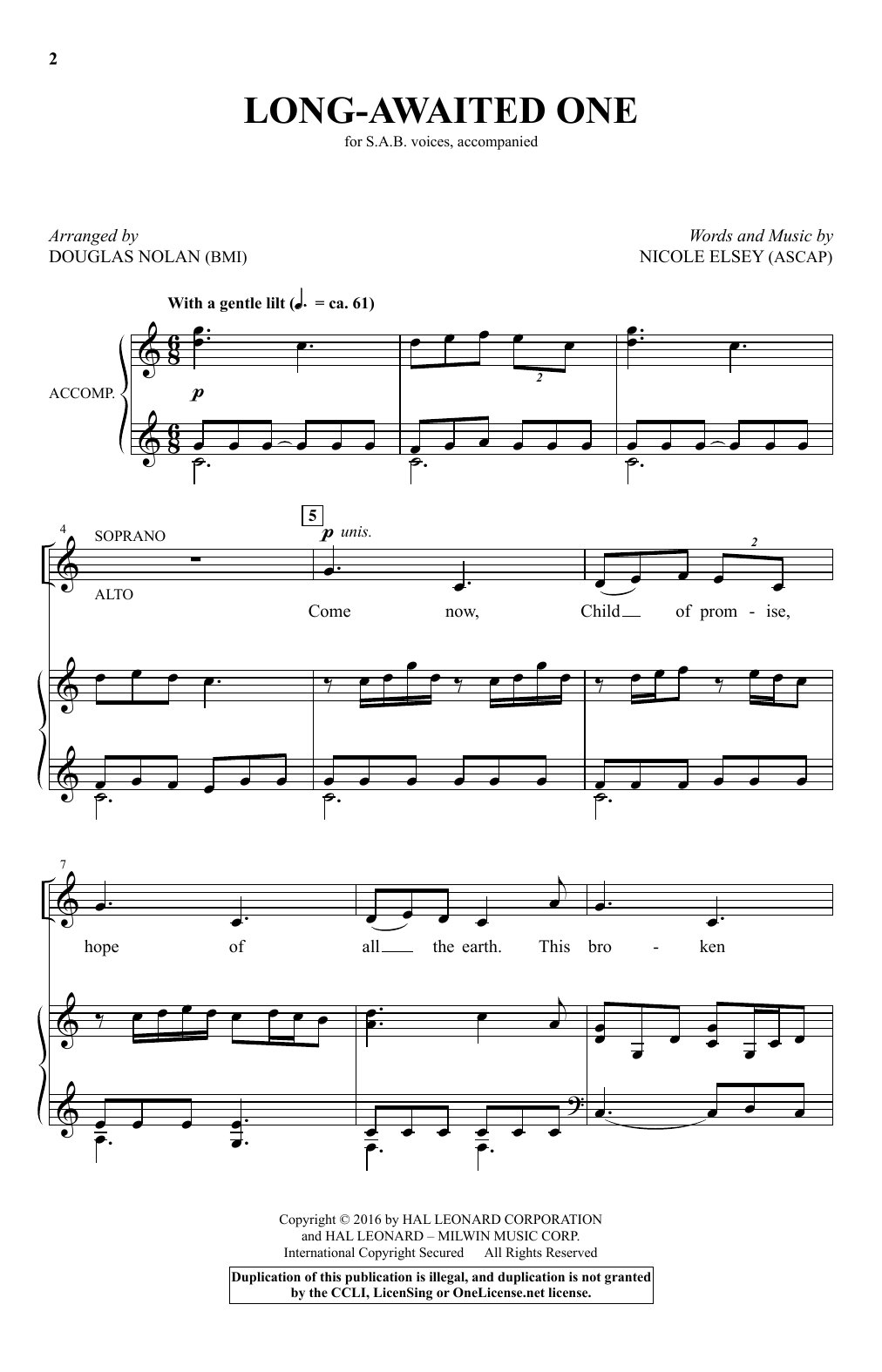 Nicole Elsey Long-Awaited One (arr. Douglas Nolan) Sheet Music Notes & Chords for SAB - Download or Print PDF