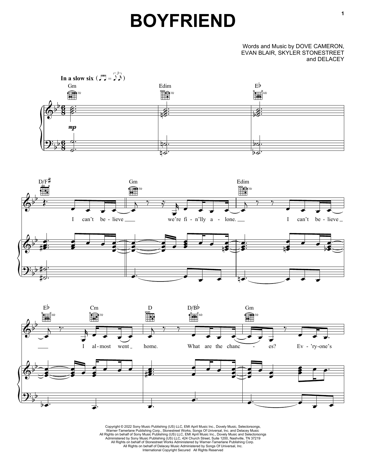 Dove Cameron Boyfriend Sheet Music Notes & Chords for Piano, Vocal & Guitar Chords (Right-Hand Melody) - Download or Print PDF