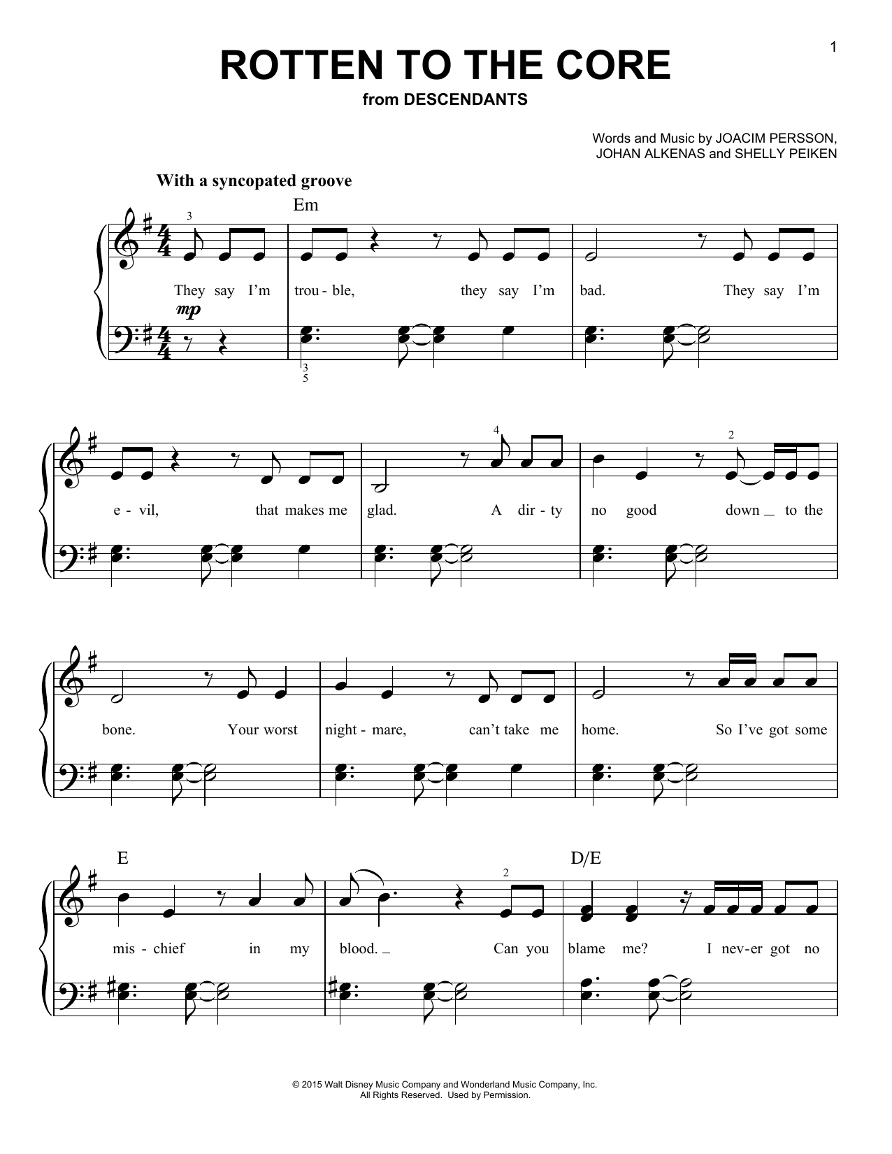 Dove Cameron, Cameron Boyce, Booboo Stewart & Sofia Carson Rotten To The Core (from Disney's Descendants) Sheet Music Notes & Chords for Easy Piano - Download or Print PDF