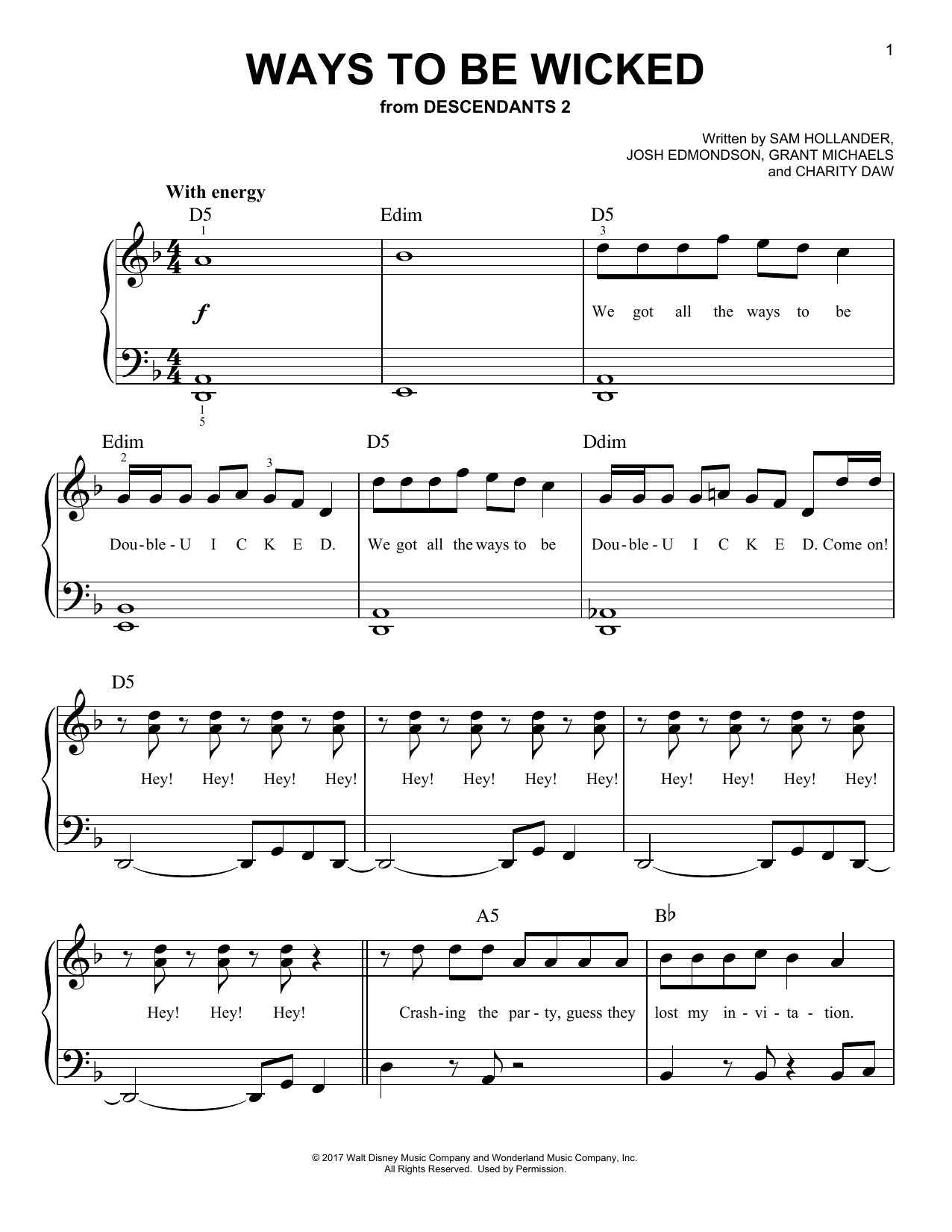 Dove Cameron, Cameron Boyce, Booboo Stewart & Sofia Carson Ways to Be Wicked (from Disney's Descendants 2) Sheet Music Notes & Chords for Easy Piano - Download or Print PDF