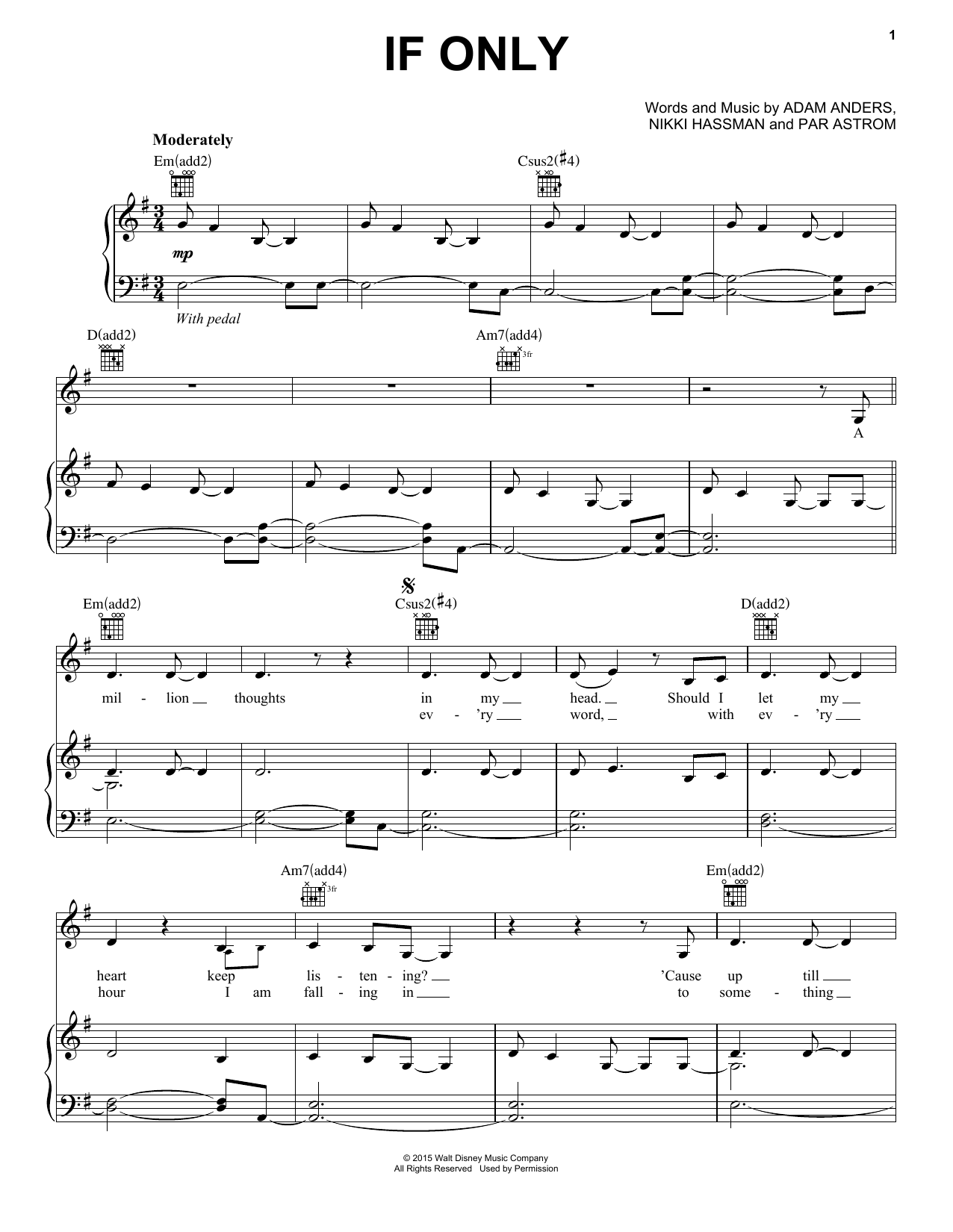 Dove Cameron If Only (from Disney's Descendants) Sheet Music Notes & Chords for Piano, Vocal & Guitar (Right-Hand Melody) - Download or Print PDF