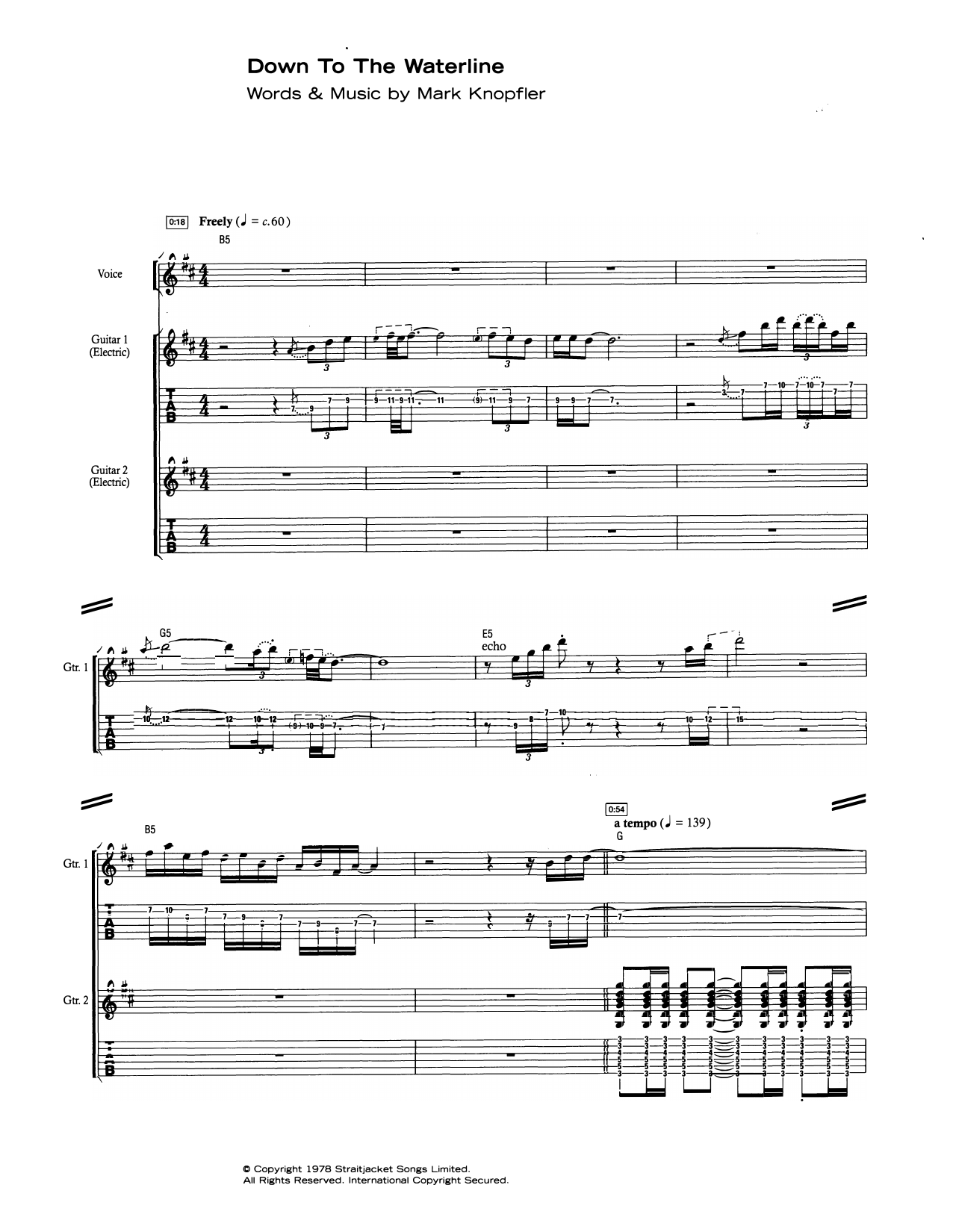 Preview Dire Straits Down To The Waterline Rock sheet music, notes and chords for Guitar Tab, SKU: 449609 sheet music, piano notes, chords, guitar tabs, score, transpose, transcribe, how to play, guide, download, learn, tutorial, progression, song, artist, awards, billboard, mtv, vh1, tour, single, album, release