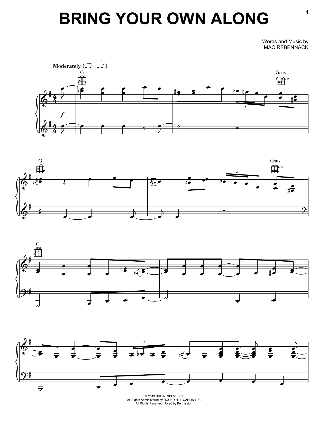 Dr. John Bring Your Own Along Sheet Music Notes & Chords for Piano, Vocal & Guitar (Right-Hand Melody) - Download or Print PDF
