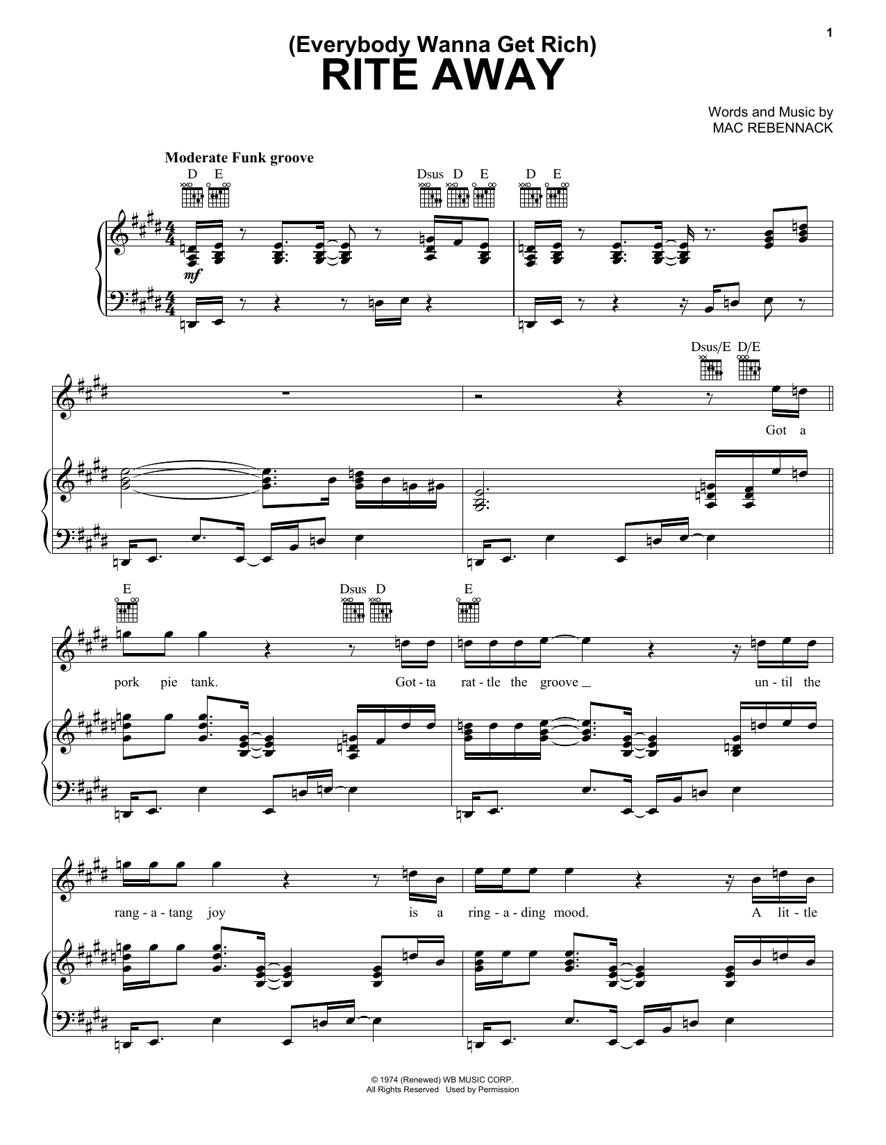 Dr. John (Everybody Wanna Get Rich) Rite Away Sheet Music Notes & Chords for Piano, Vocal & Guitar (Right-Hand Melody) - Download or Print PDF