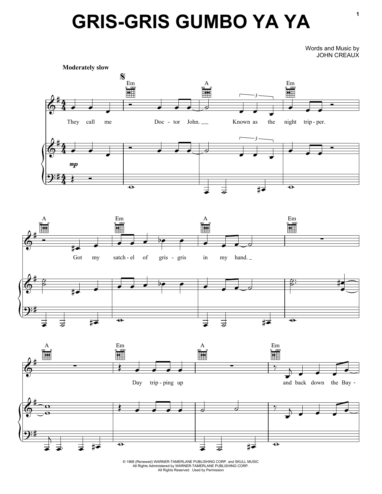 Dr. John Gris-Gris Gumbo Ya Ya Sheet Music Notes & Chords for Piano, Vocal & Guitar (Right-Hand Melody) - Download or Print PDF