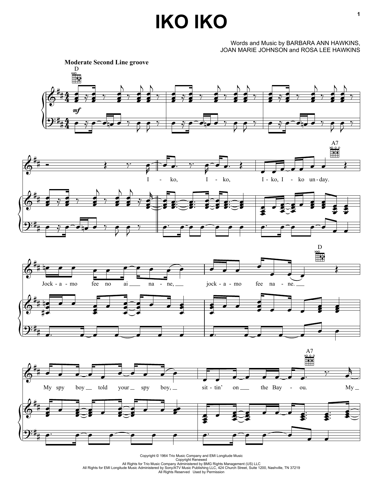 Dr. John Iko Iko Sheet Music Notes & Chords for Piano, Vocal & Guitar (Right-Hand Melody) - Download or Print PDF