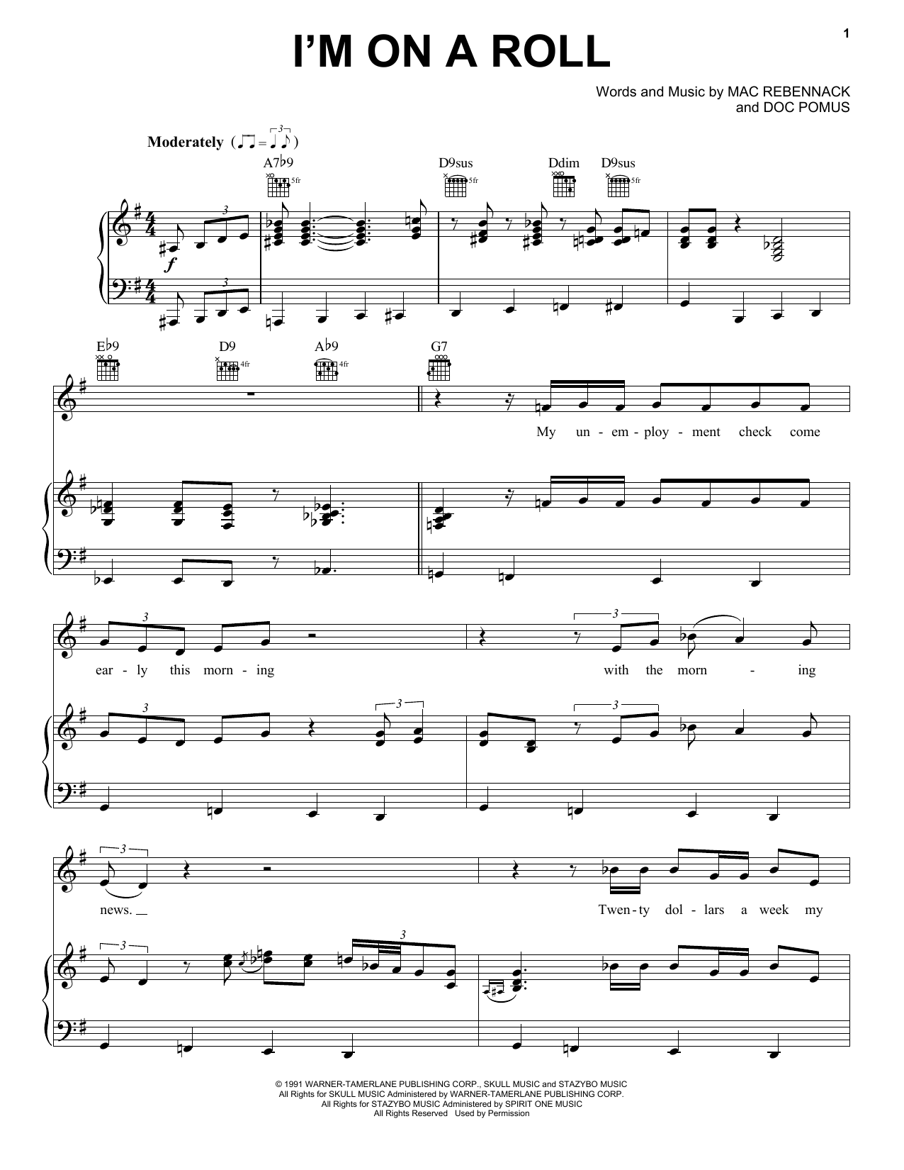 Dr. John I'm On A Roll Sheet Music Notes & Chords for Piano, Vocal & Guitar (Right-Hand Melody) - Download or Print PDF