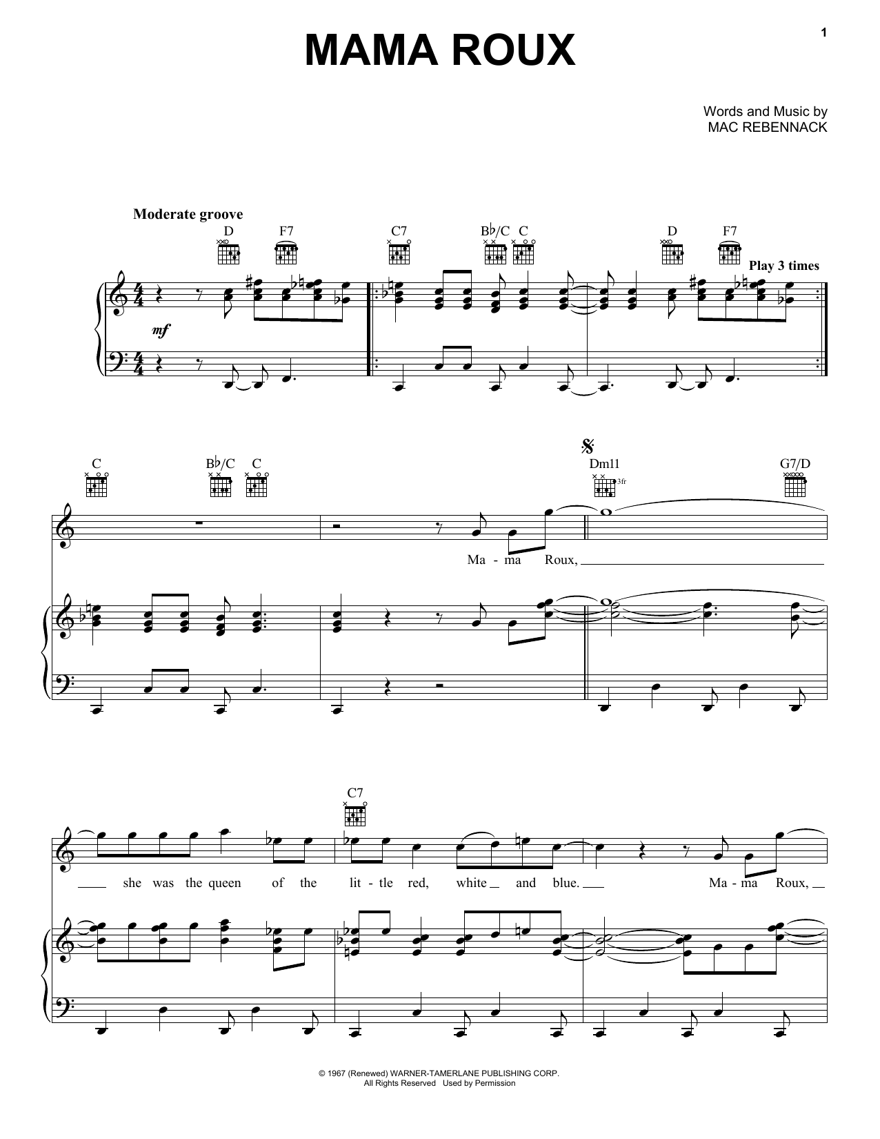Dr. John Mama Roux Sheet Music Notes & Chords for Piano, Vocal & Guitar (Right-Hand Melody) - Download or Print PDF