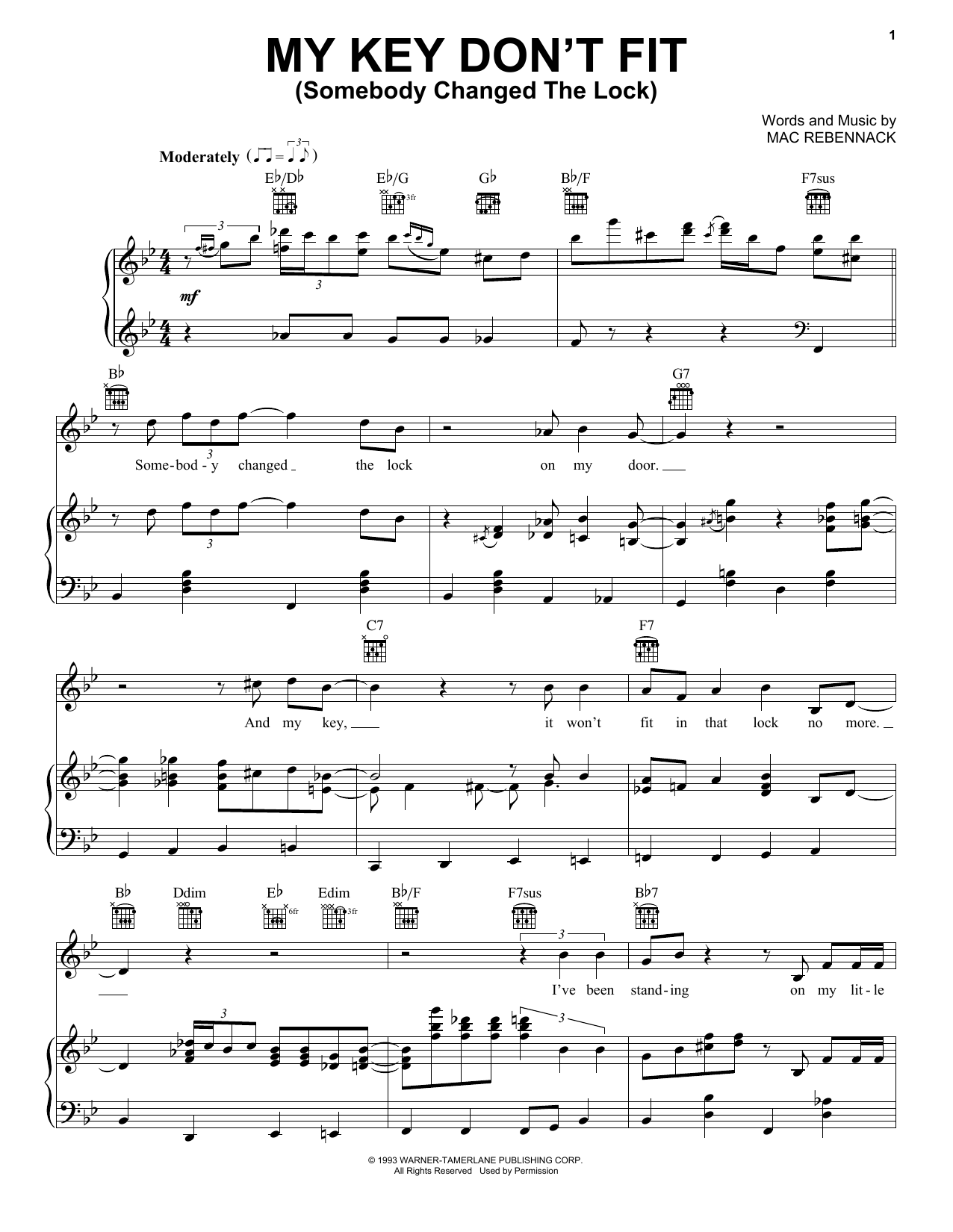 Dr. John My Key Don't Fit (Somebody Changed The Lock) Sheet Music Notes & Chords for Piano, Vocal & Guitar (Right-Hand Melody) - Download or Print PDF