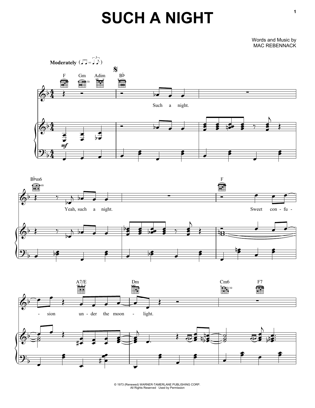 Dr. John Such A Night Sheet Music Notes & Chords for Piano, Vocal & Guitar (Right-Hand Melody) - Download or Print PDF