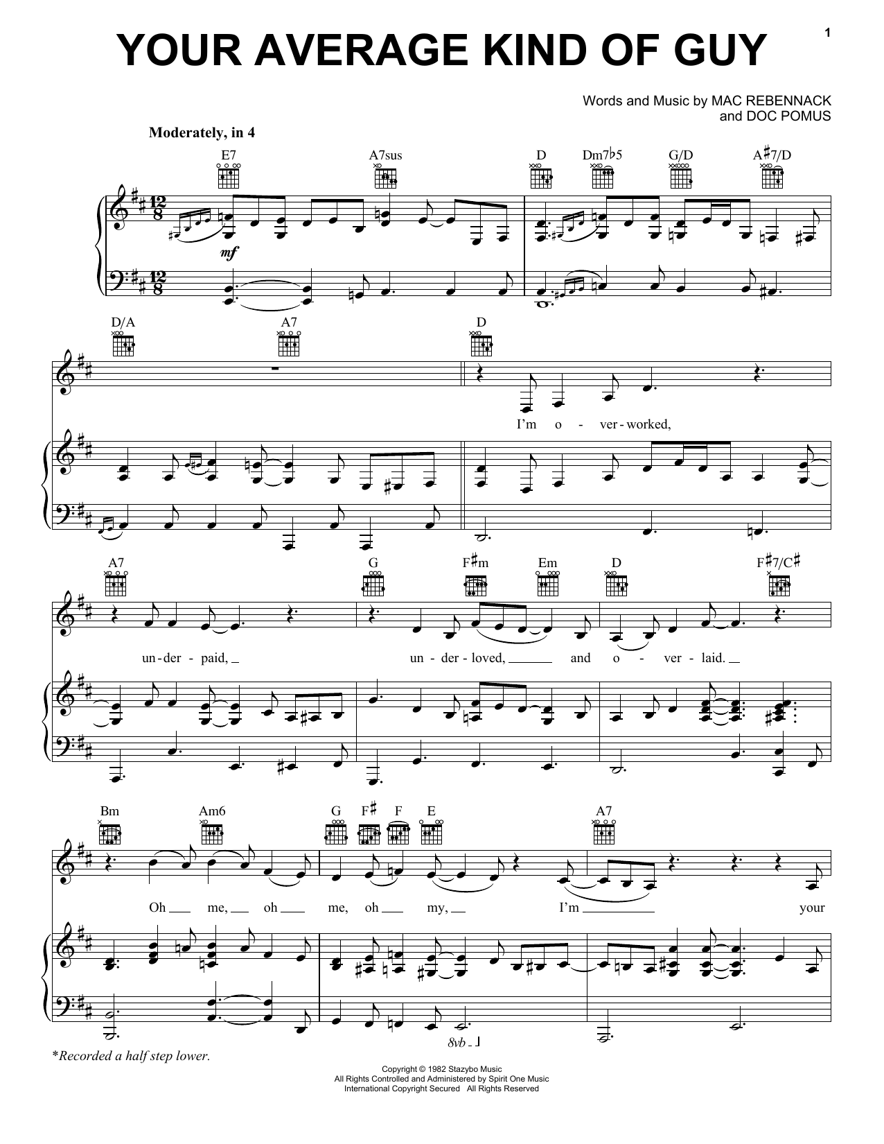 Dr. John Your Average Kind Of Guy Sheet Music Notes & Chords for Piano, Vocal & Guitar (Right-Hand Melody) - Download or Print PDF