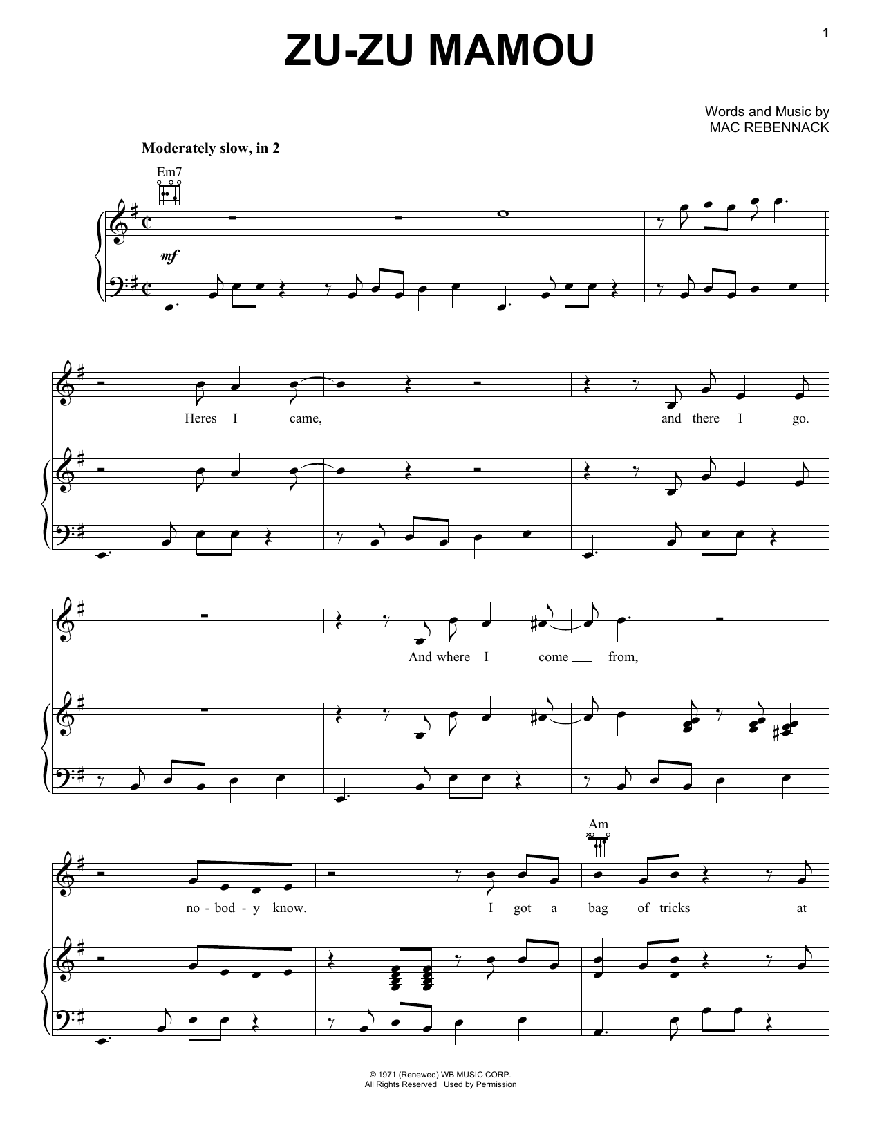 Dr. John Zu-Zu Mamou Sheet Music Notes & Chords for Piano, Vocal & Guitar (Right-Hand Melody) - Download or Print PDF