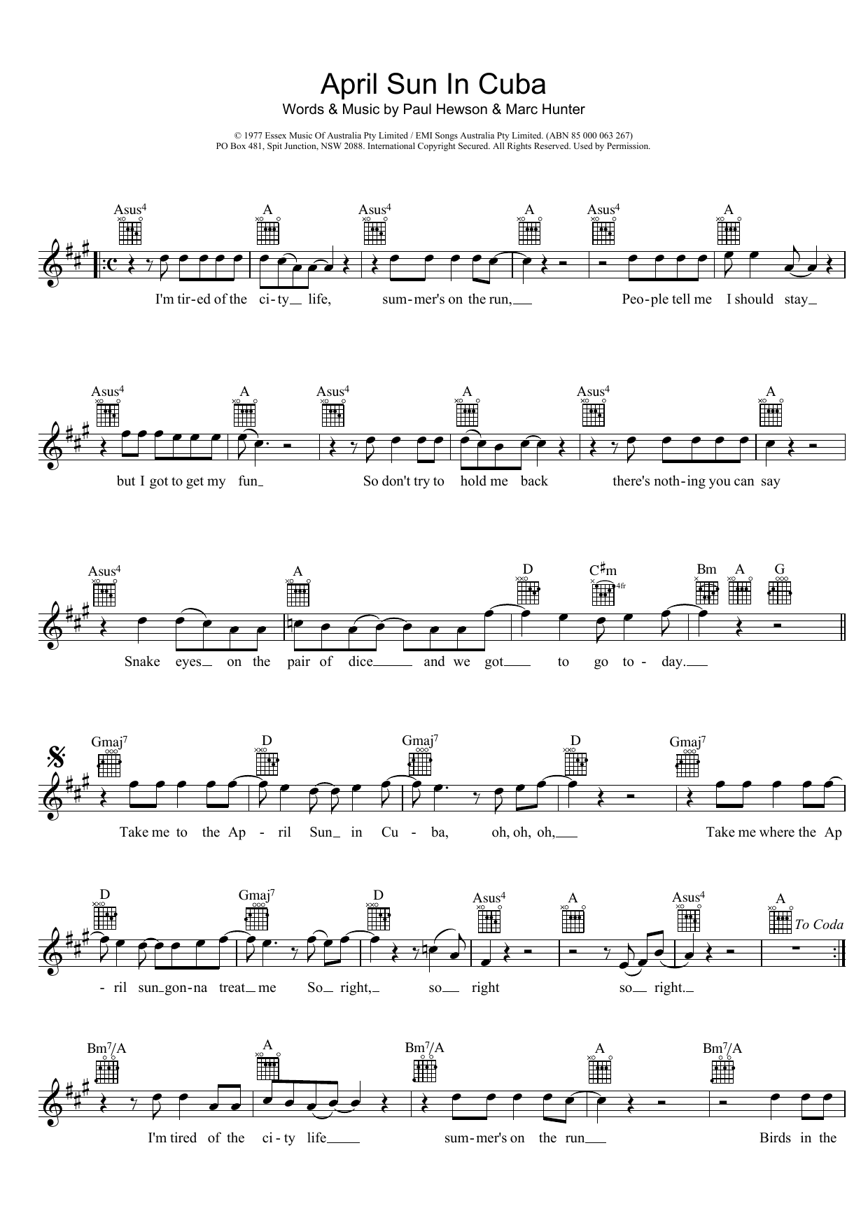 Dragon April Sun In Cuba Sheet Music Notes & Chords for Melody Line, Lyrics & Chords - Download or Print PDF