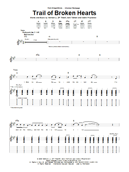 Preview Dragonforce Trail Of Broken Hearts Pop sheet music, notes and chords for Guitar Tab, SKU: 67562 Trail Of Broken Hearts sheet music