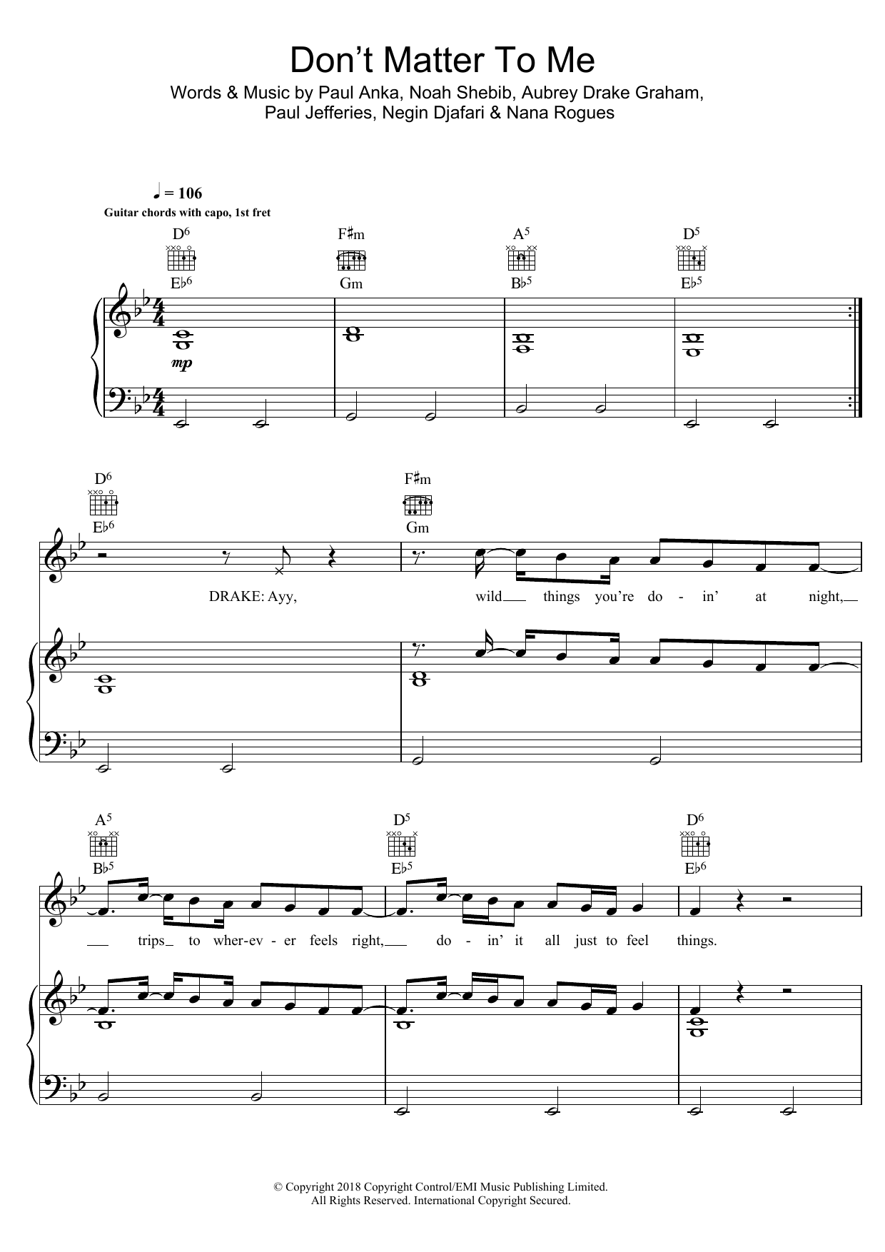Drake Don't Matter To Me (featuring Michael Jackson) Sheet Music Notes & Chords for Piano, Vocal & Guitar (Right-Hand Melody) - Download or Print PDF