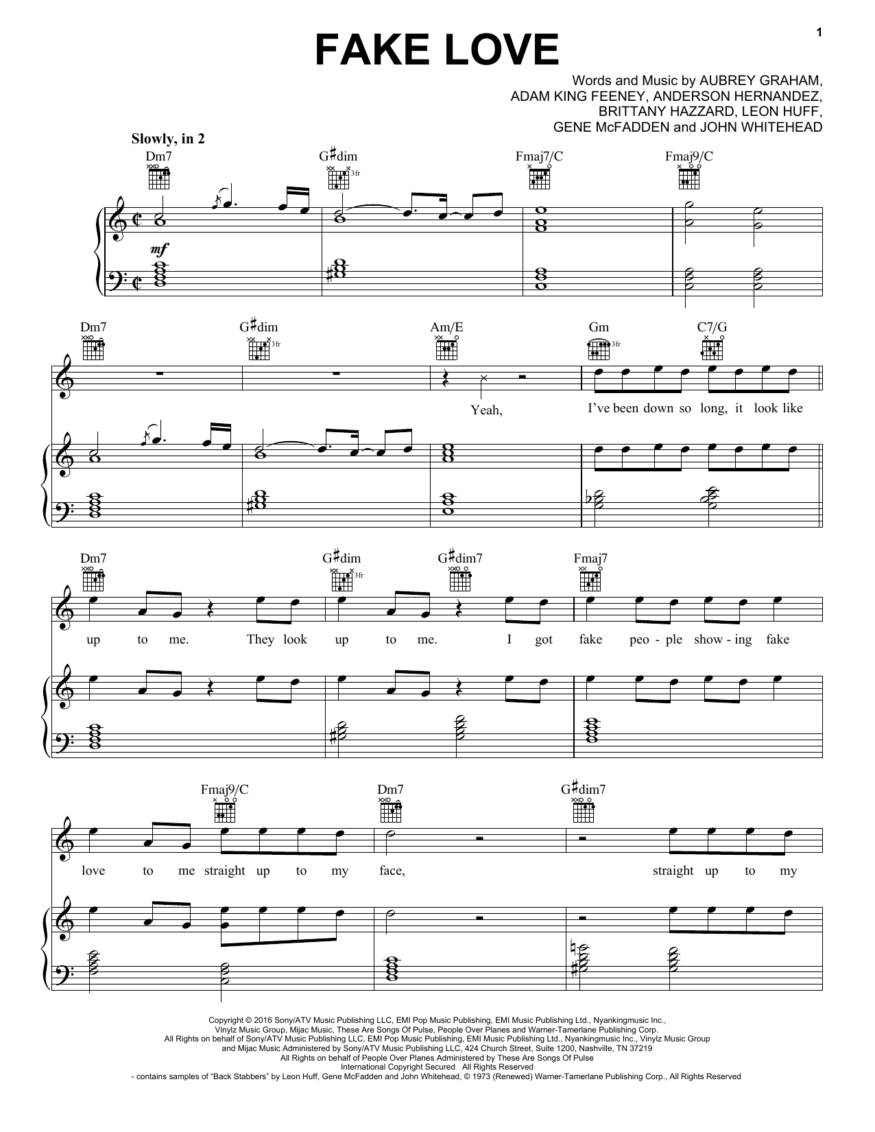 Drake Fake Love Sheet Music Notes & Chords for Piano, Vocal & Guitar (Right-Hand Melody) - Download or Print PDF