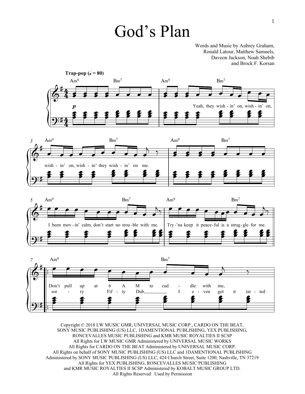 Drake God's Plan Sheet Music Notes & Chords for Piano, Vocal & Guitar Chords (Right-Hand Melody) - Download or Print PDF