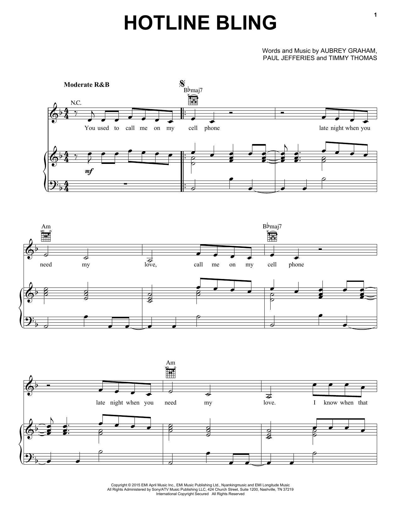 Drake Hotline Bling Sheet Music Notes & Chords for Piano, Vocal & Guitar (Right-Hand Melody) - Download or Print PDF