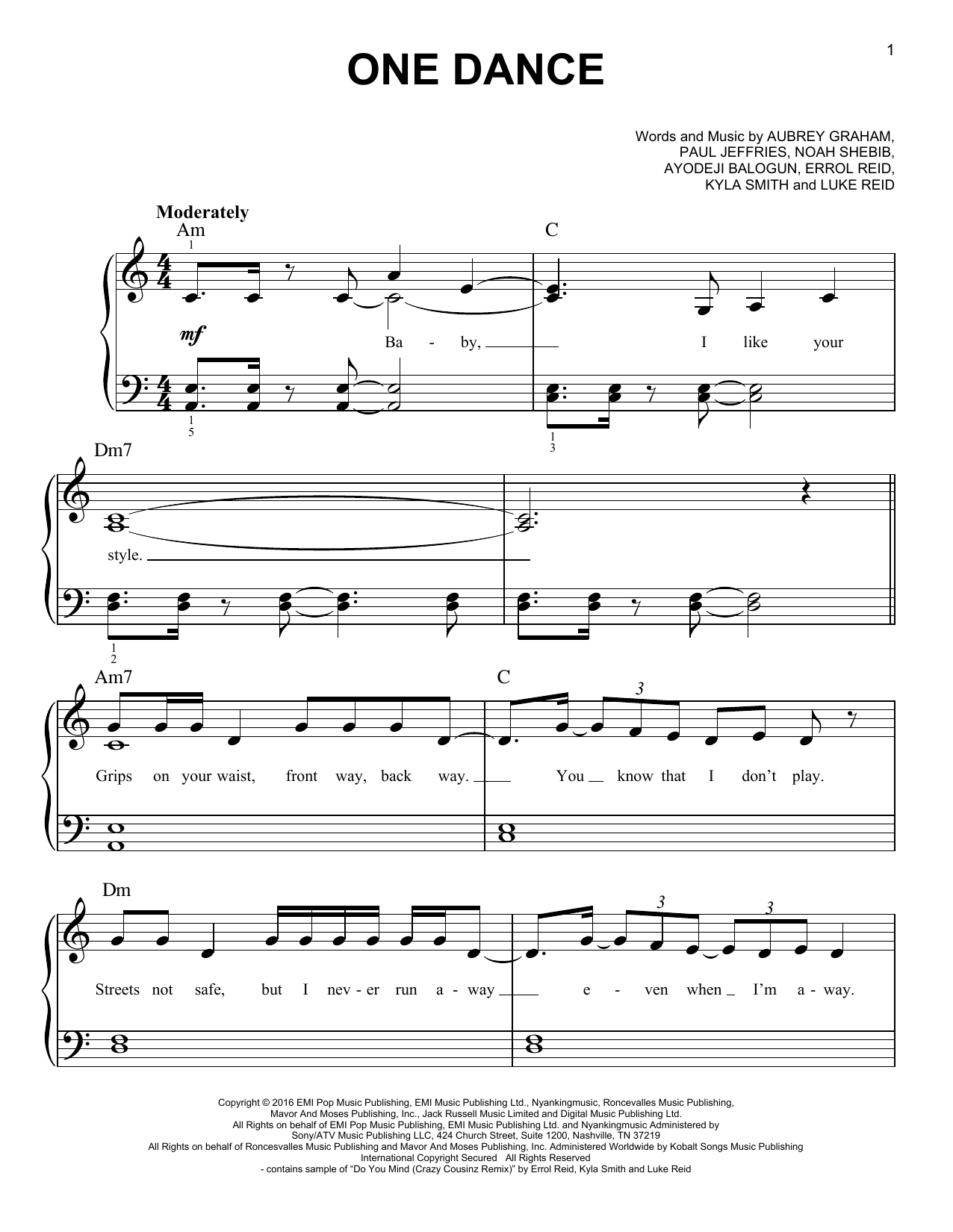 Drake One Dance (feat. Wizkid & Kyla) Sheet Music Notes & Chords for Easy Piano - Download or Print PDF