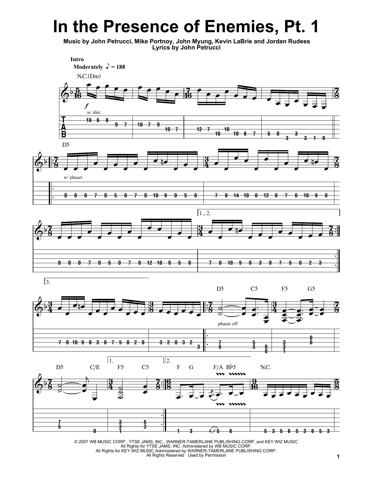 Dream Theater In The Presence Of Enemies - Part 1 Sheet Music Notes & Chords for Guitar Tab Play-Along - Download or Print PDF