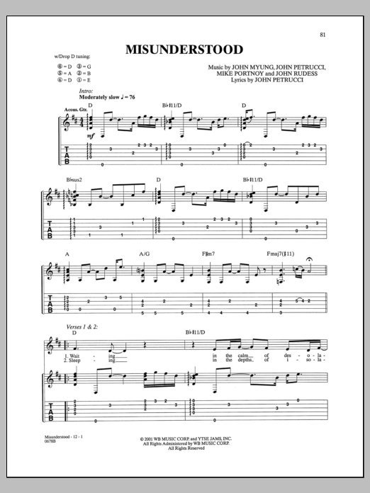 Dream Theater Misunderstood Sheet Music Notes & Chords for Guitar Tab - Download or Print PDF