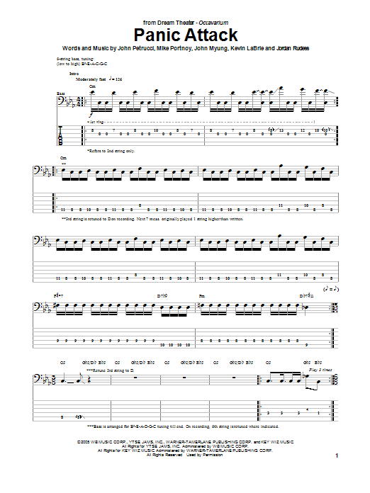 Dream Theater Panic Attack Sheet Music Notes & Chords for Bass Guitar Tab - Download or Print PDF