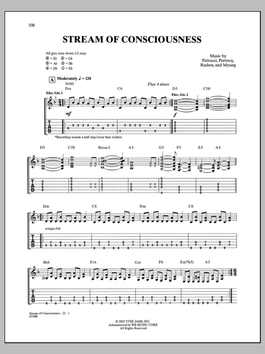 Dream Theater Stream Of Consciousness Sheet Music Notes & Chords for Bass Guitar Tab - Download or Print PDF