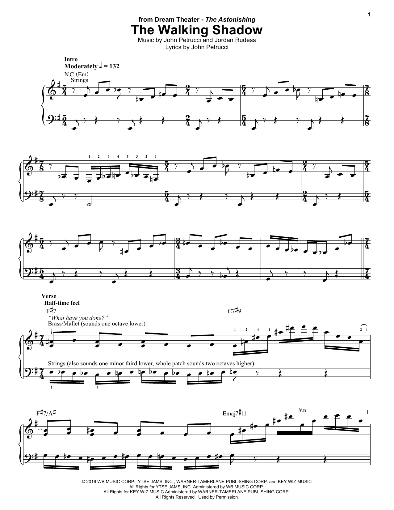 Dream Theater The Walking Shadow Sheet Music Notes & Chords for Keyboard Transcription - Download or Print PDF