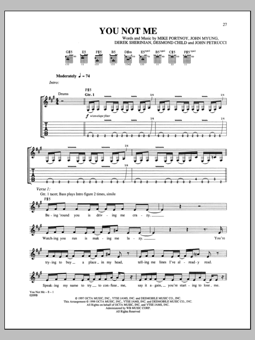 Dream Theater You Not Me Sheet Music Notes & Chords for Guitar Tab - Download or Print PDF