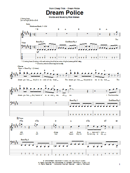 Preview Cheap Trick Dream Police Rock sheet music, notes and chords for Piano, Vocal & Guitar (Right-Hand Melody), SKU: 170694 sheet music, piano notes, chords, guitar tabs, score, transpose, transcribe, how to play, guide, download, learn, tutorial, progression, song, artist, awards, billboard, mtv, vh1, tour, single, album, release