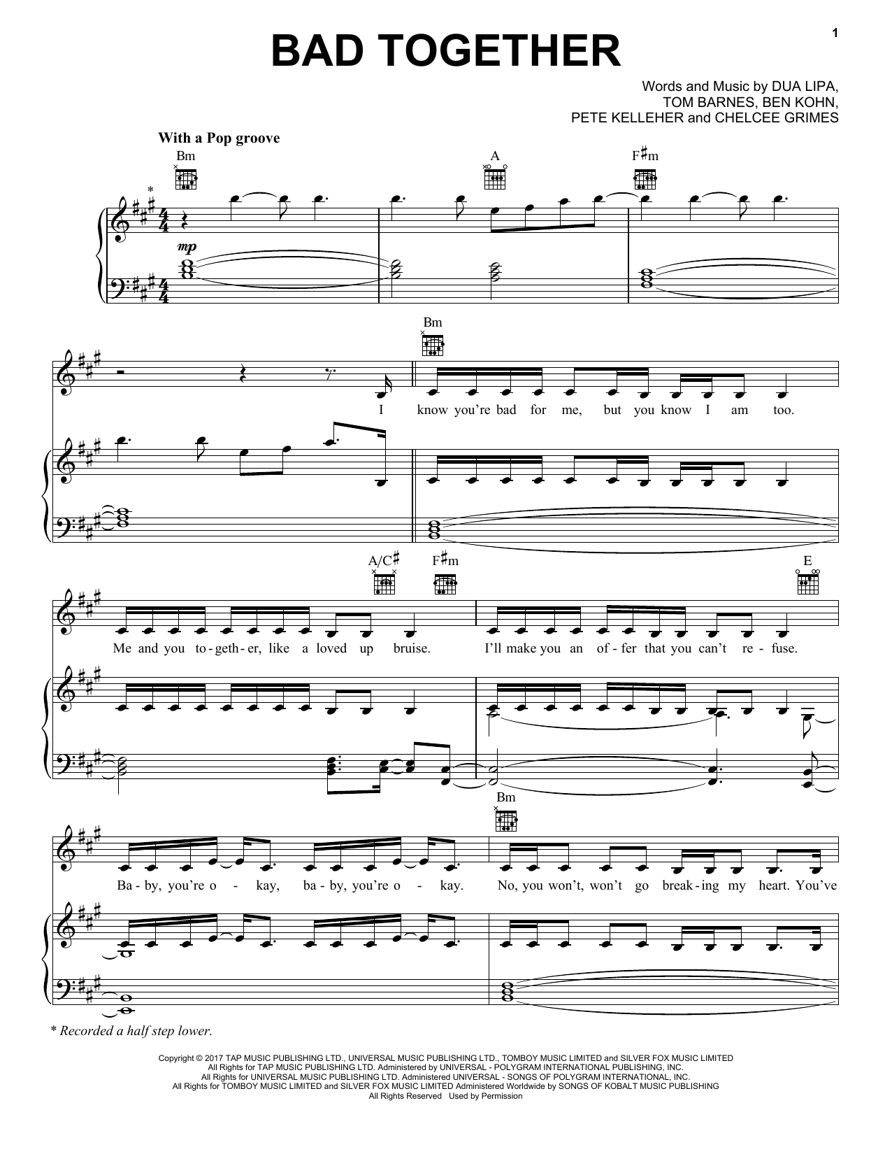 Dua Lipa Bad Together Sheet Music Notes & Chords for Piano, Vocal & Guitar (Right-Hand Melody) - Download or Print PDF