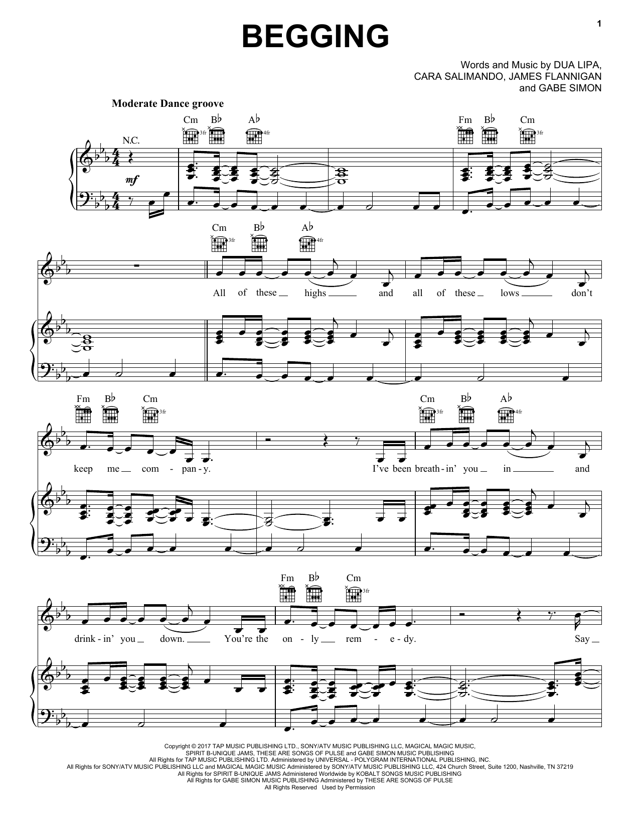 Dua Lipa Begging Sheet Music Notes & Chords for Piano, Vocal & Guitar (Right-Hand Melody) - Download or Print PDF