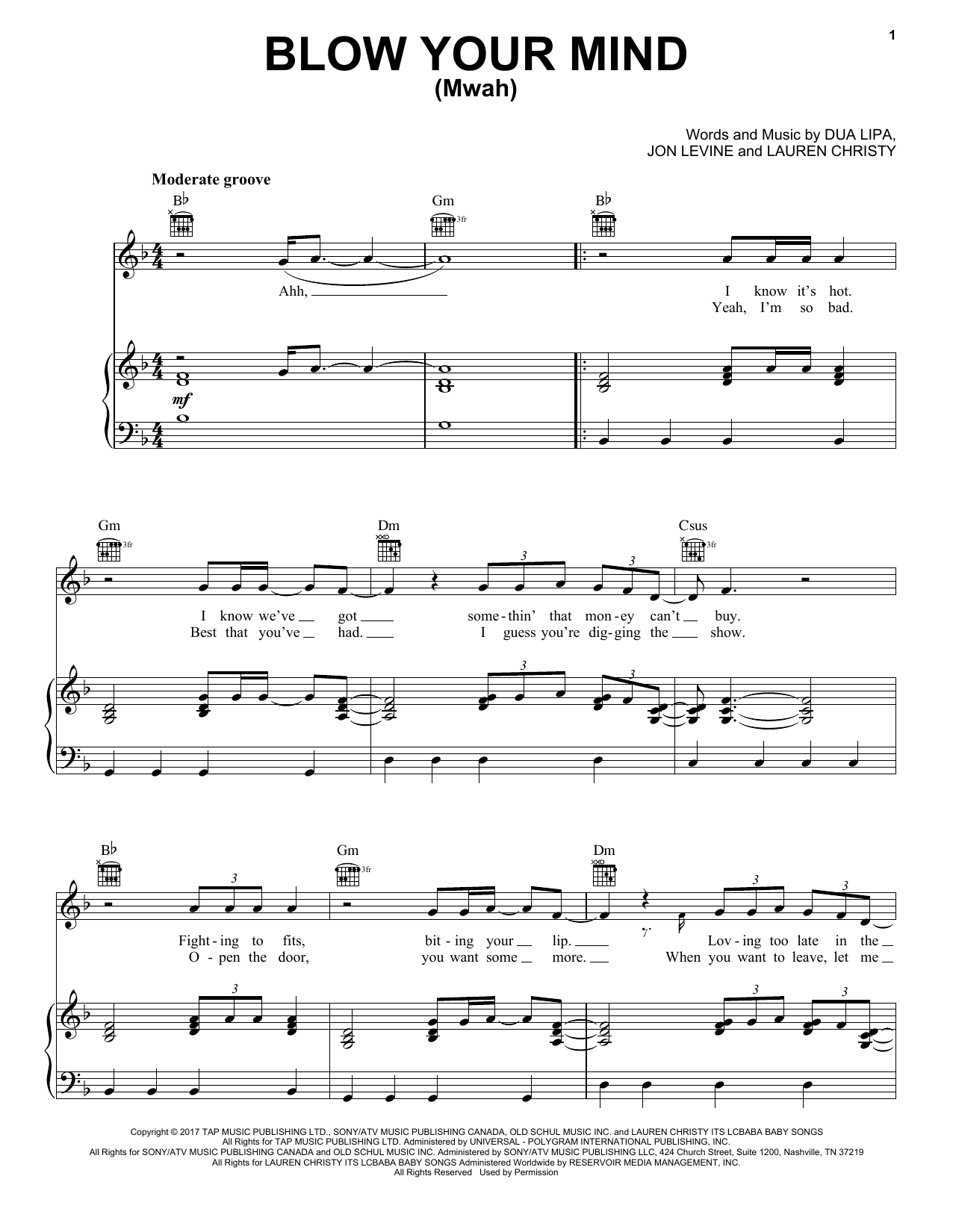Dua Lipa Blow Your Mind (Mwah) Sheet Music Notes & Chords for Piano, Vocal & Guitar (Right-Hand Melody) - Download or Print PDF