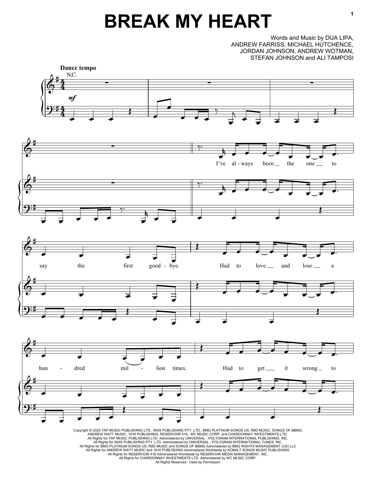 Dua Lipa Break My Heart Sheet Music Notes & Chords for Piano, Vocal & Guitar (Right-Hand Melody) - Download or Print PDF