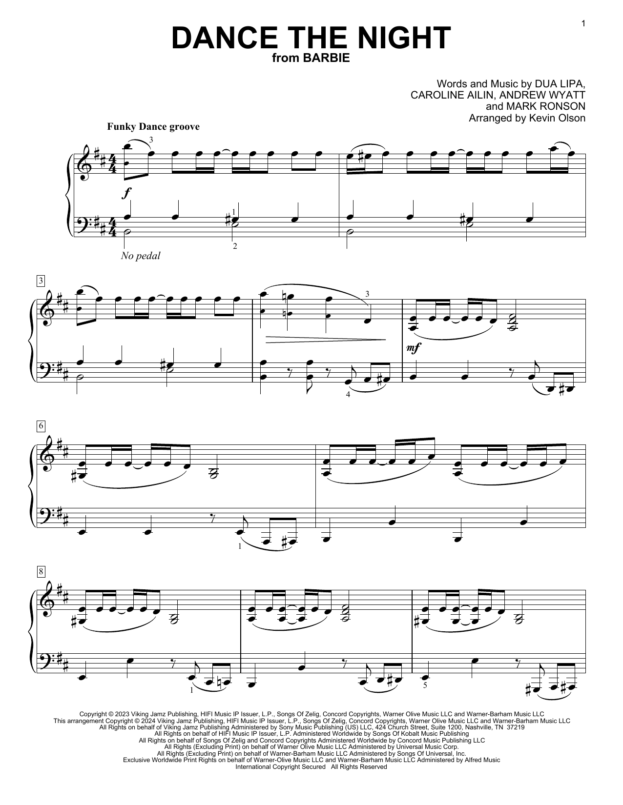 Dua Lipa Dance The Night (from Barbie) (arr. Kevin Olson) Sheet Music Notes & Chords for Easy Piano Solo - Download or Print PDF
